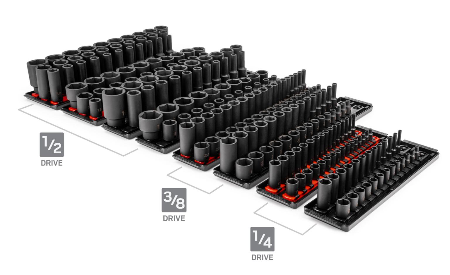 Tekton impact socket set #SID99200 organized by drive size on a white background.