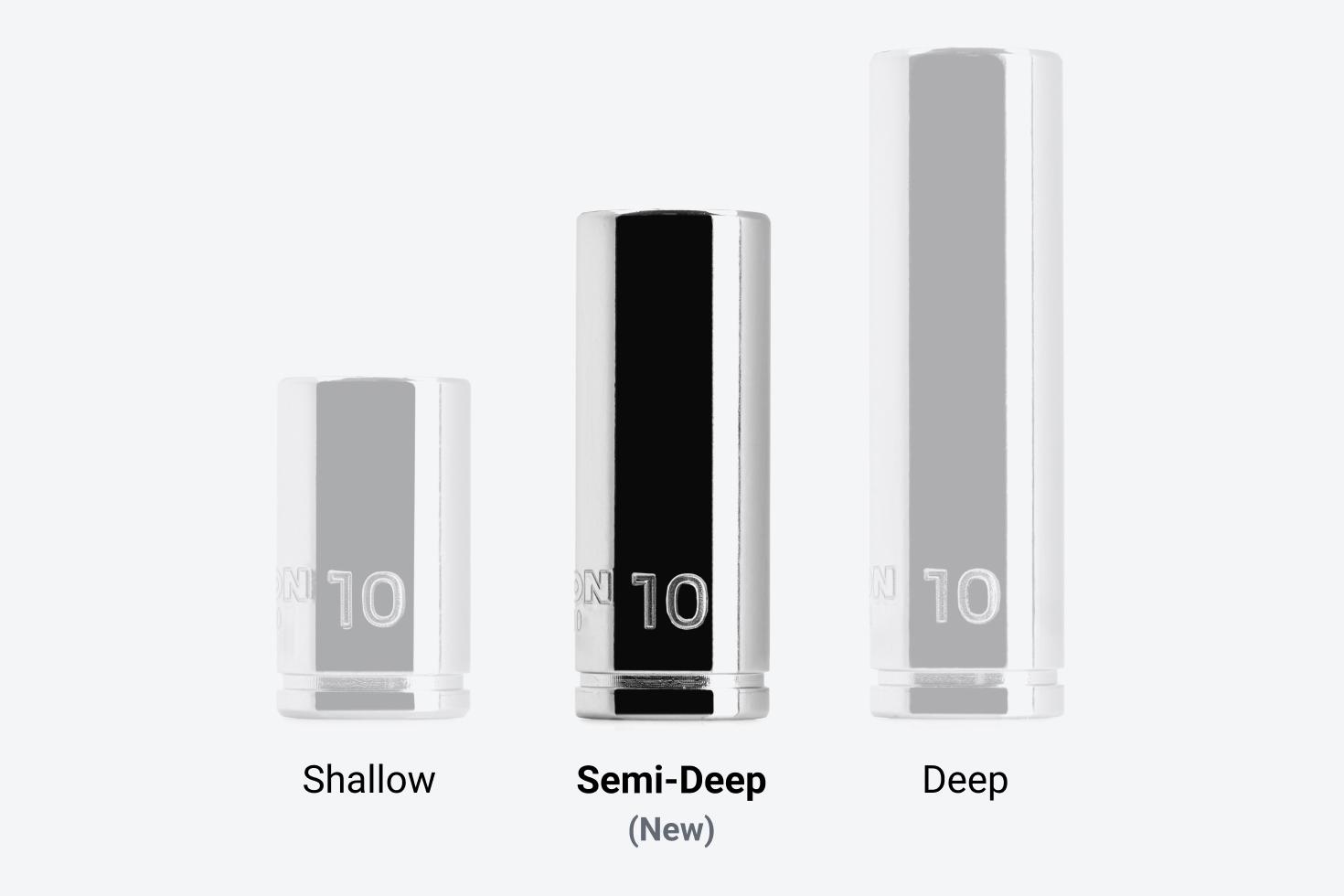 Shallow, Semi-deep (with "new" label), and deep 10 mm hand drive sockets next to each other.