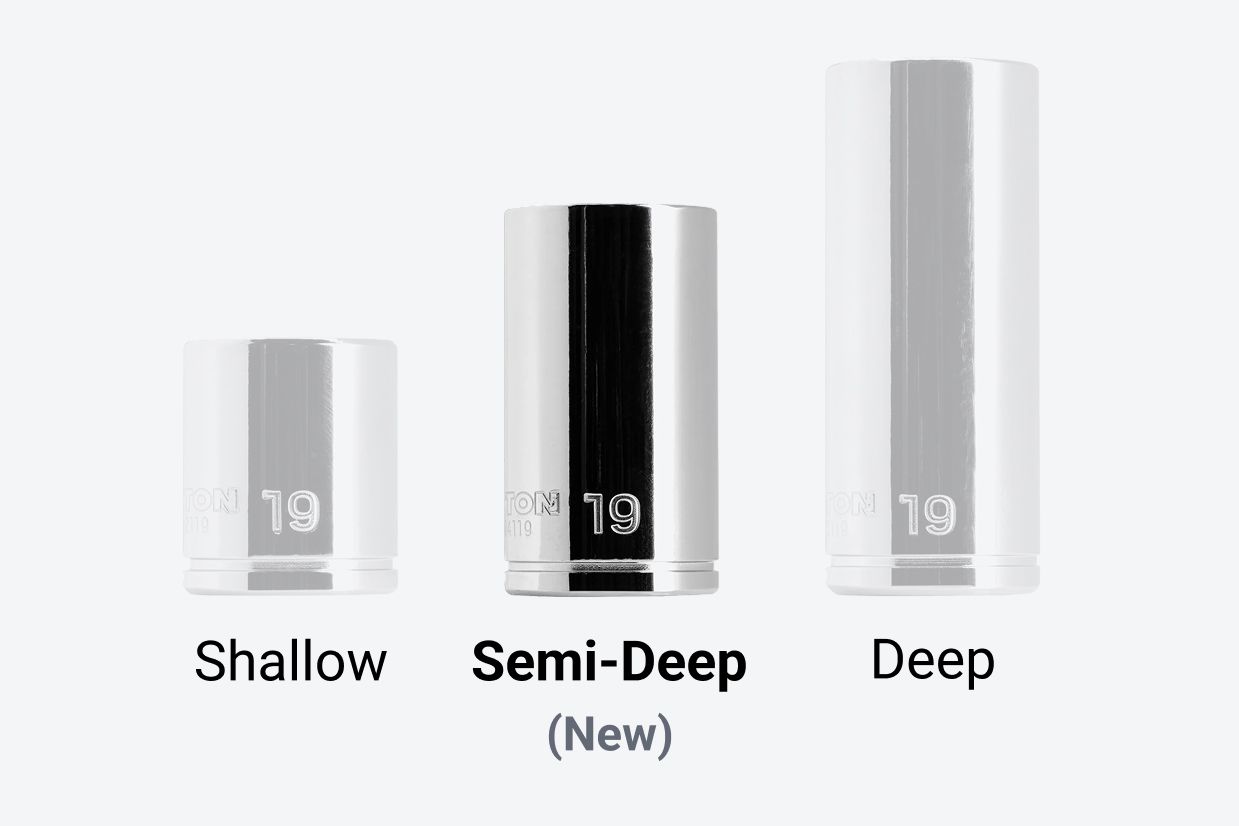 Tekton shallow, semi-deep (with a "new" label), and deep 19 mm hand drive sockets