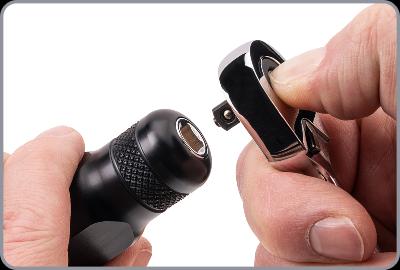 A ratchet being put on the drive square in the end of the spinner handle