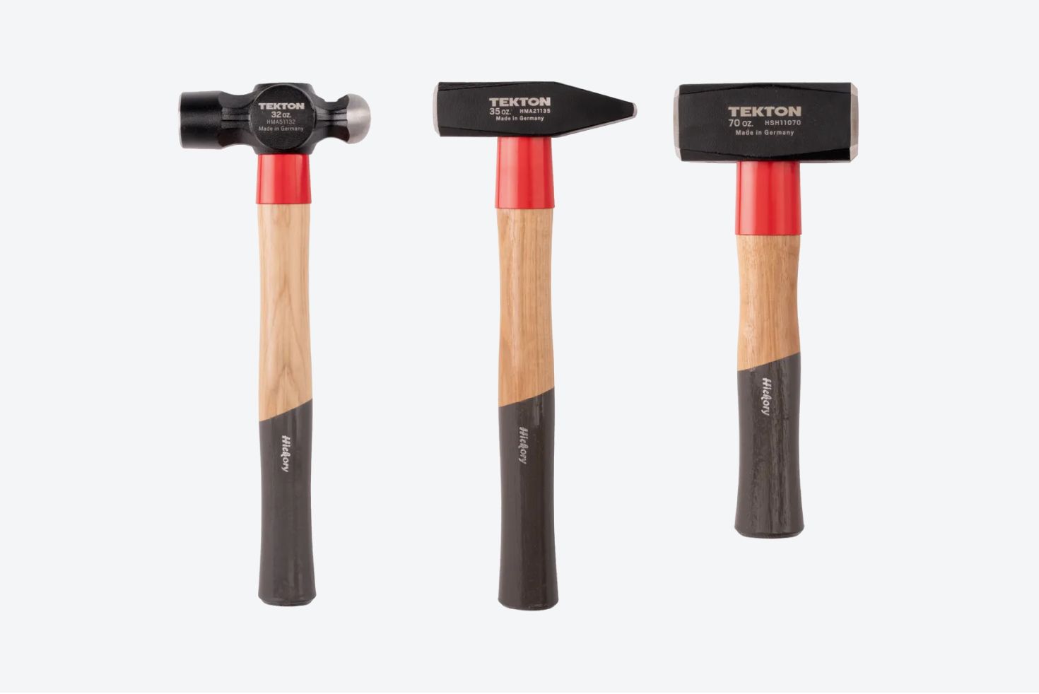 A ball peen hammer, a cross peen hammer, and a mining sledge hammer.