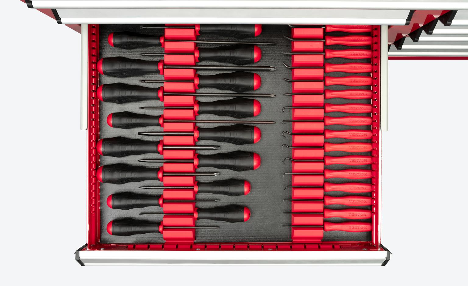 A red tool cabinet drawer with picks, hooks, mini pry bars, and screwdrivers in red modular driver organizers.