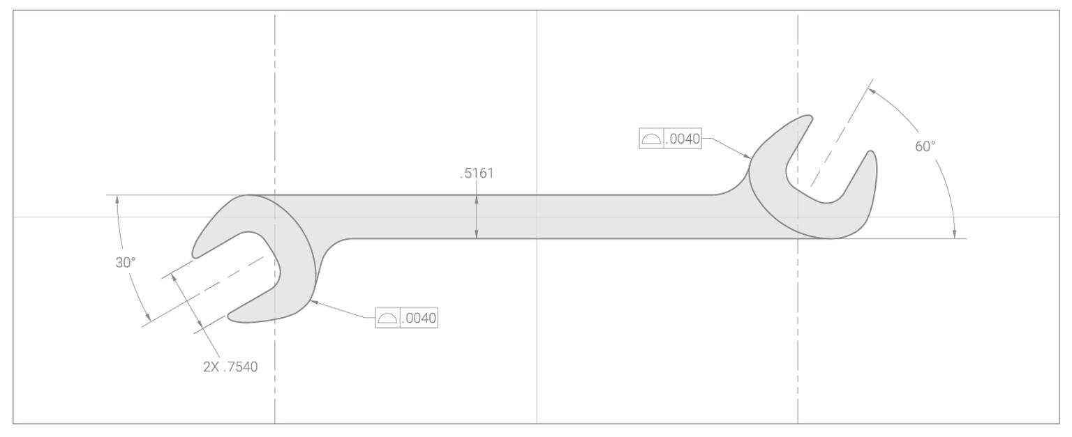 Spec drawing of Tekton angle head open end wrench
