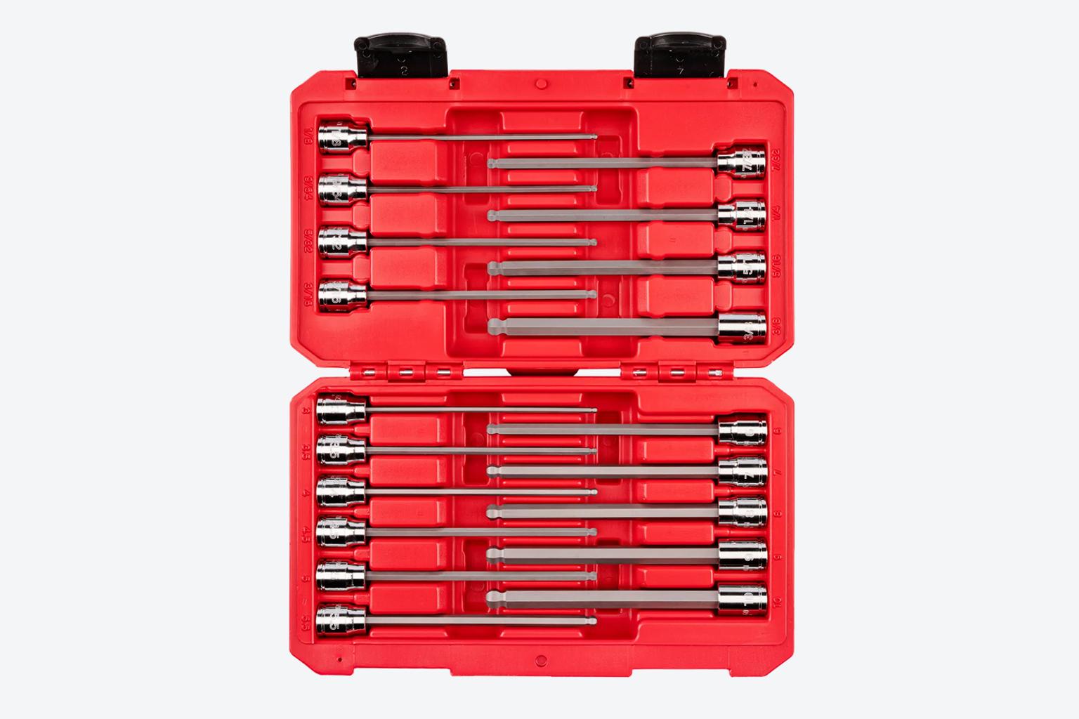Tekton long ball end hex bit socket set with case #SHB91321 on a light gray background.