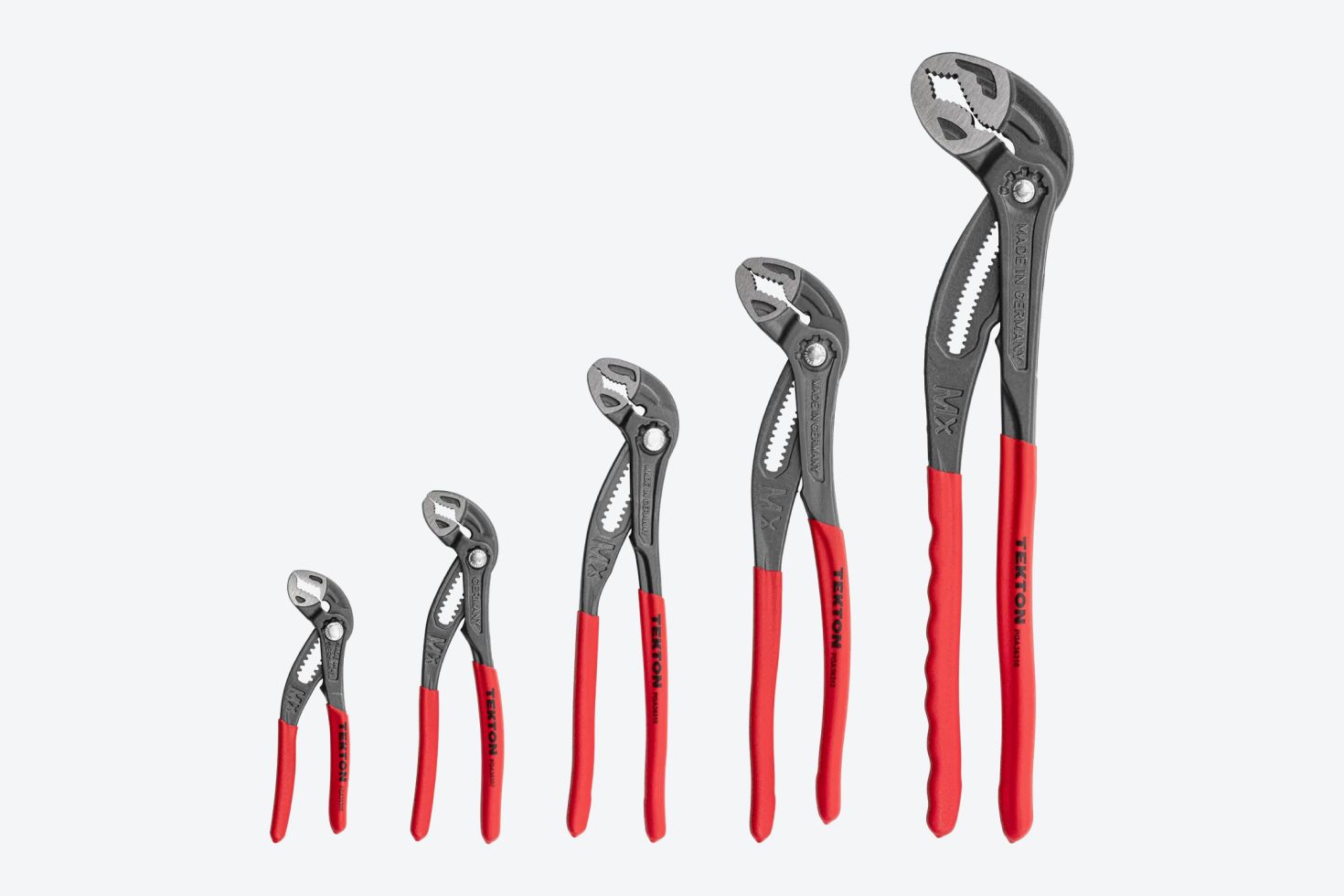 Tekton angle nose push button adjustable pliers set #PGA93002 on a light gray background.