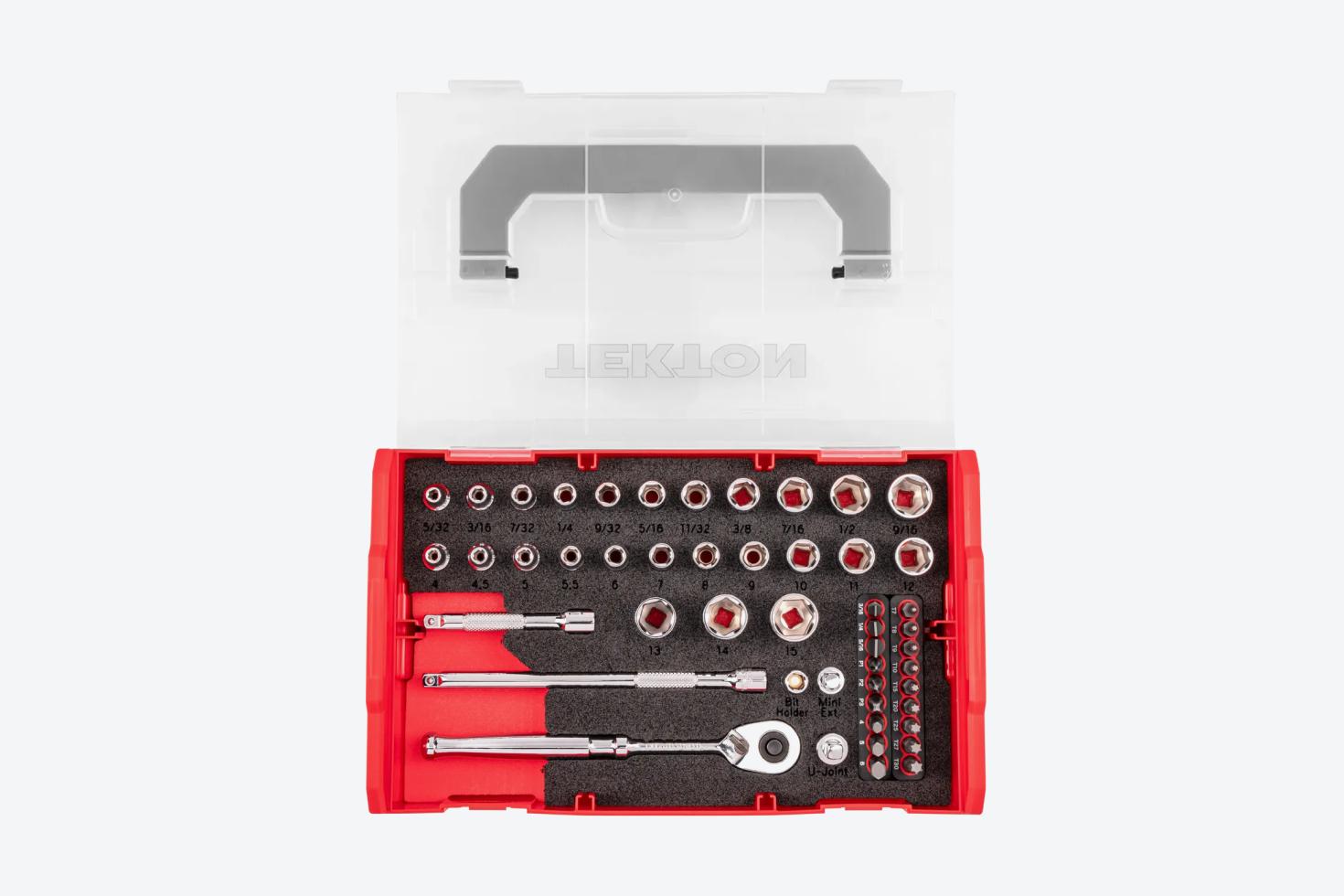 Tekton 1/4 Inch Drive 6-Point Socket, Bit, and Ratchet Set with Mini Stacking Tool Box #SKT06300 on a light gray background.