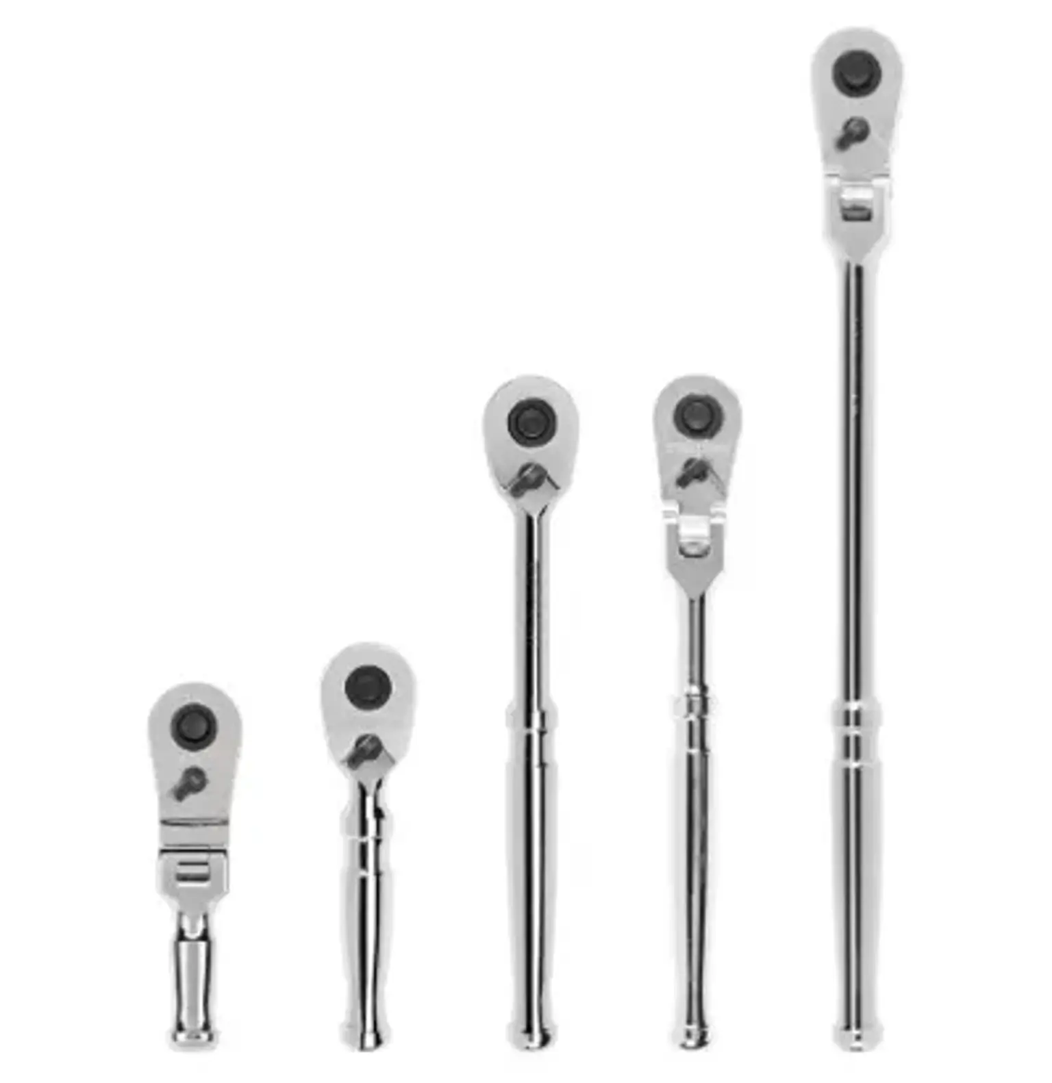 Tekton ratchet set with stubby, regular, and long length quick-release ratchets