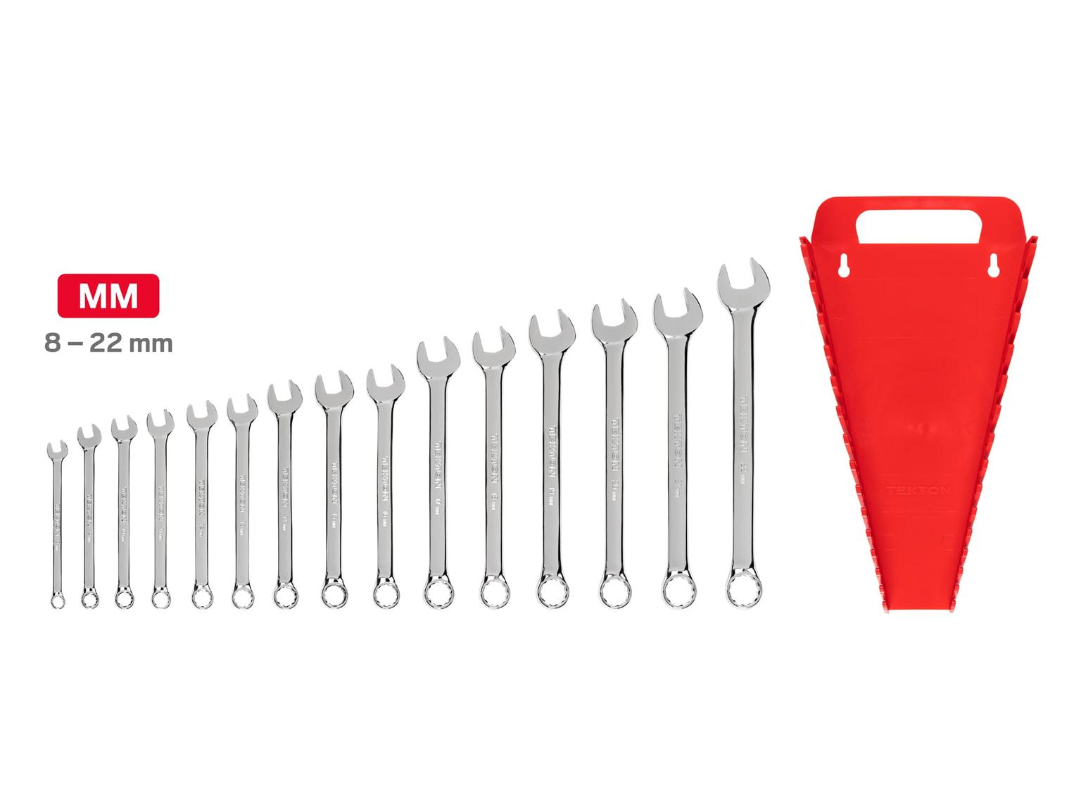 TEKTON 18792-T Combination Wrench Set with Holder, 15-Piece (8 - 22 mm)