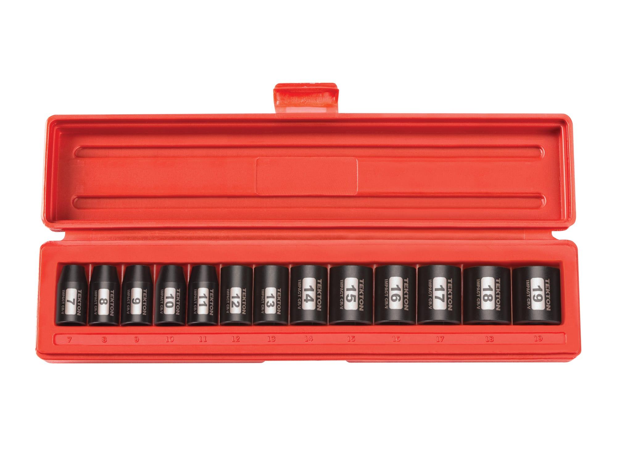 TEKTON 47915 3/8 Inch Drive 6-Point Impact Socket Set, 13-Piece (7-19 mm)