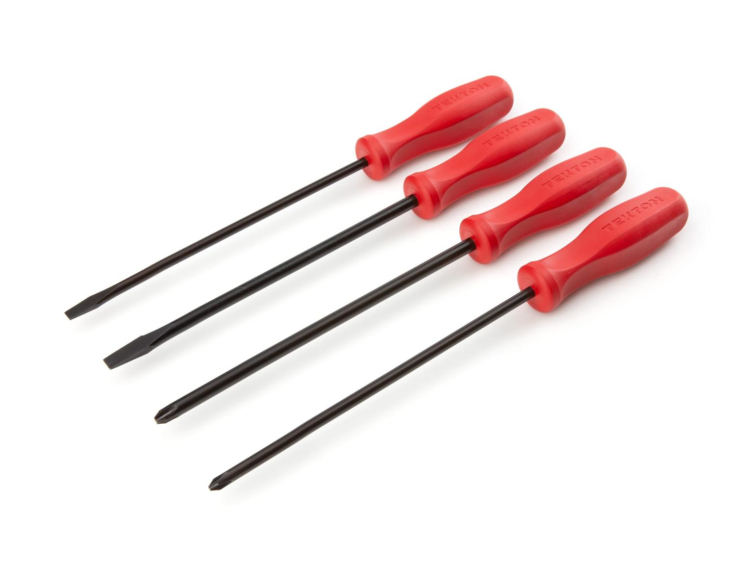 TEKTON DRV40117-T Long Hard-Handle Black Oxide Blade Screwdriver Set, 4-Piece (#1-#2, 1/4-5/16 in.)