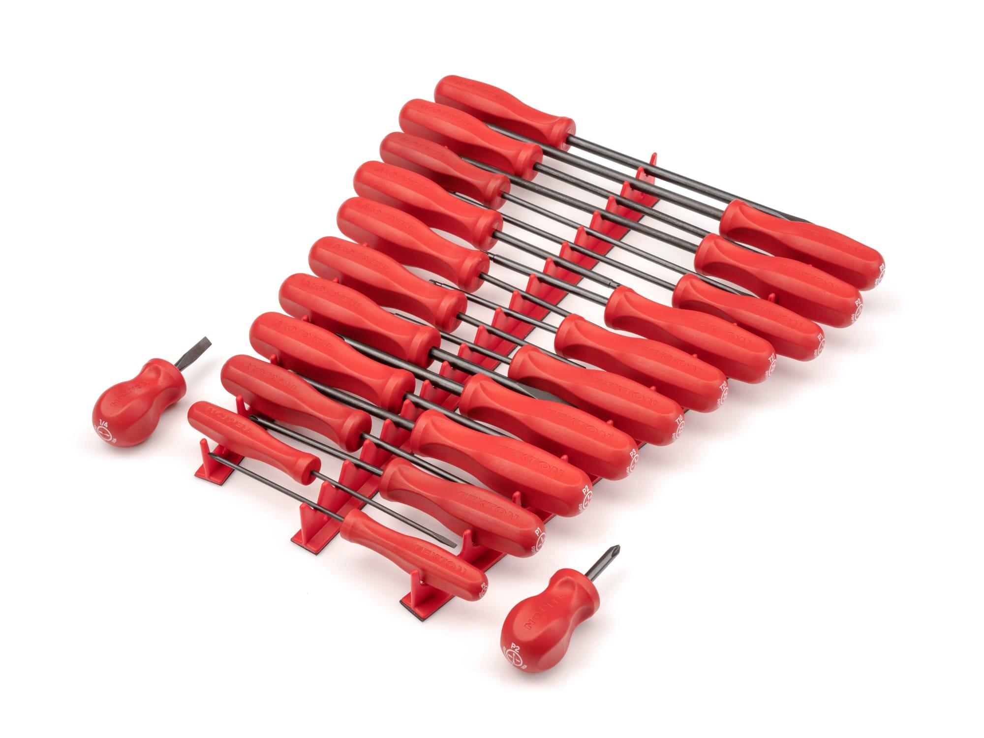 TEKTON DRV40502-T Hard Handle Black Oxide Blade Screwdriver Set, 22-Piece (#0-#3, 1/8-5/16 in., T10-30) with Red Rails
