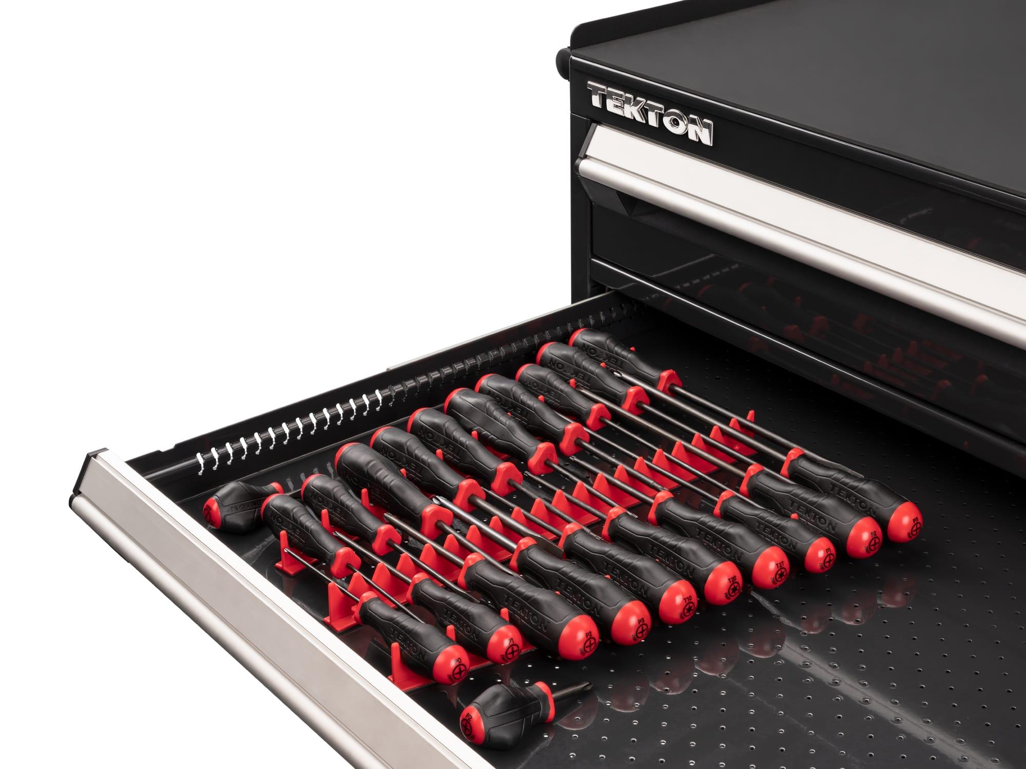 TEKTON DRV41502-T High-Torque Black Oxide Blade Screwdriver Set, 22-Piece (#0-#3, 1/8-5/16 in., T10-30) with Red Rails