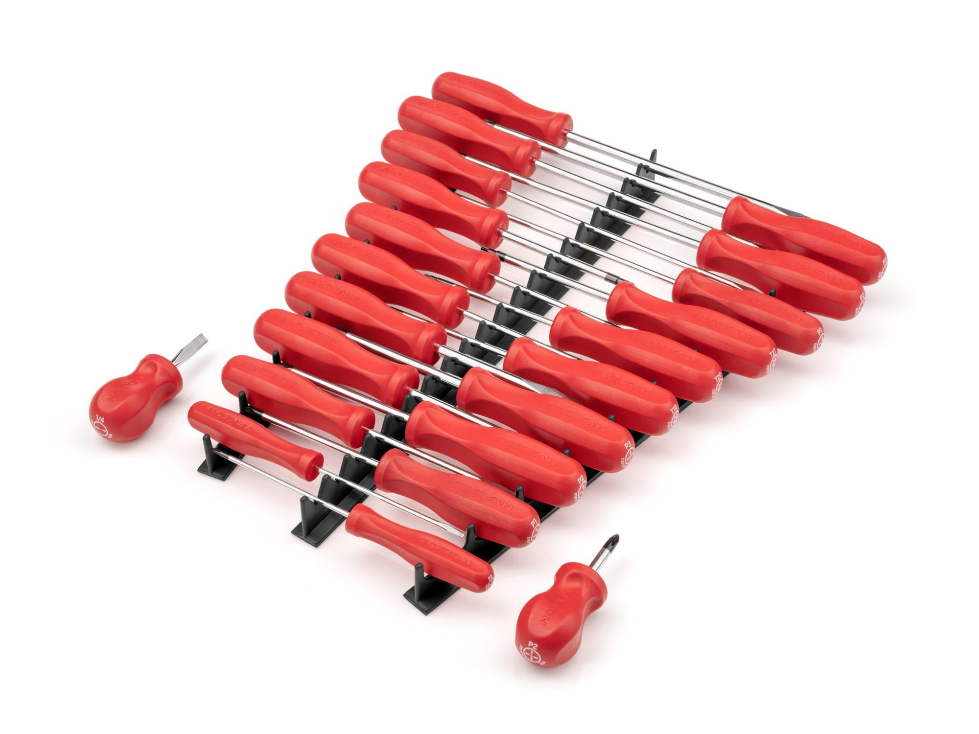 TEKTON DRV42501-T Hard Handle Screwdriver Set, 22-Piece (#0-#3, 1/8-5/16 in., T10-30) with Black Rails