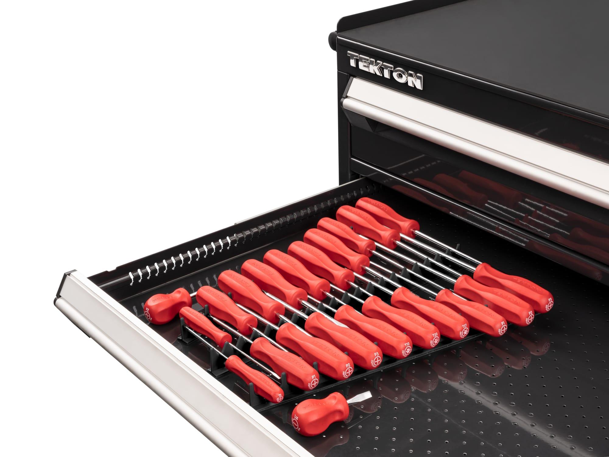 TEKTON DRV42501-T Hard Handle Screwdriver Set, 22-Piece (#0-#3, 1/8-5/16 in., T10-30) with Black Rails