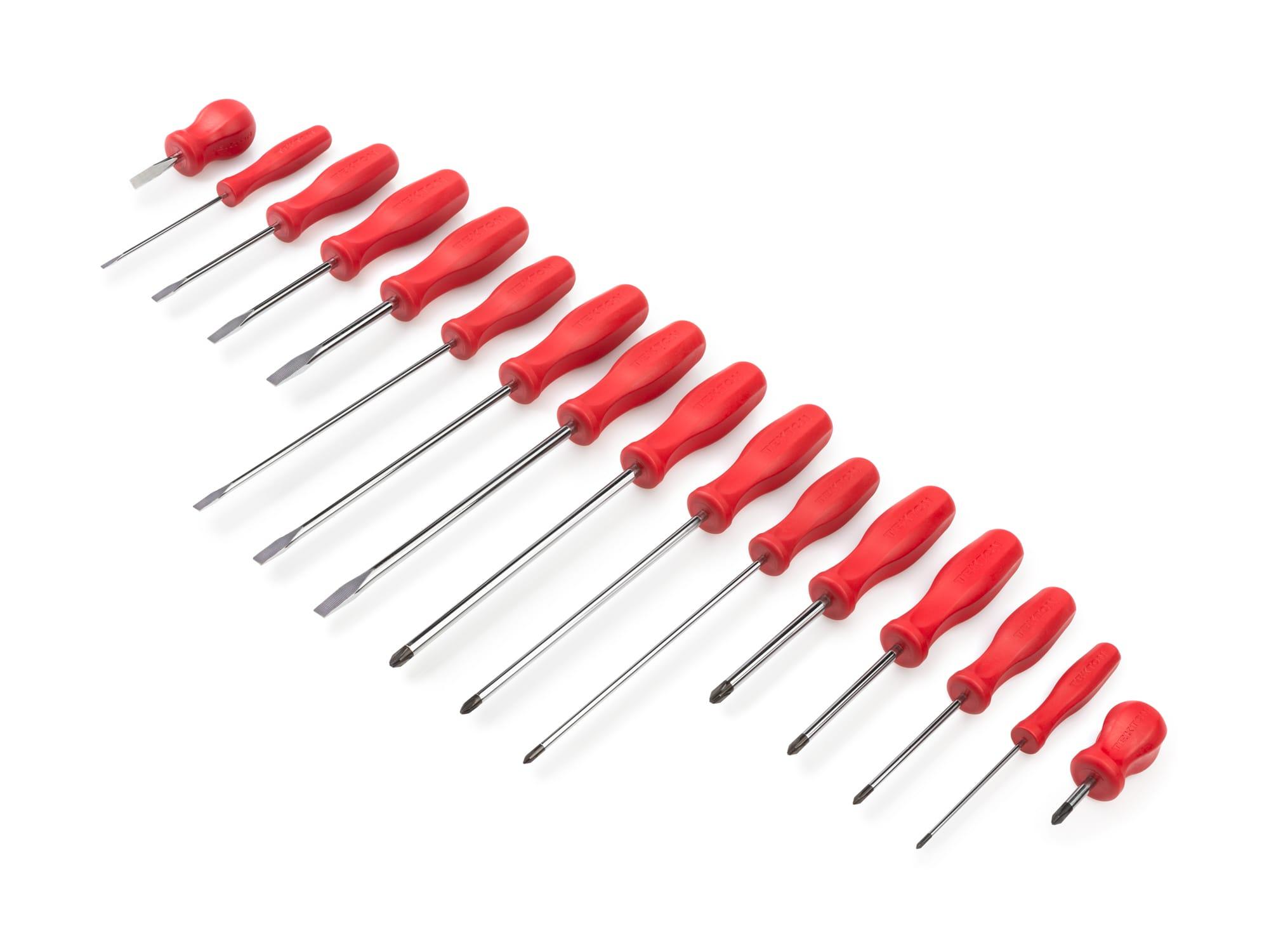 TEKTON DRV42504-T Hard Handle Screwdriver Set, 16-Piece (#0-#3, 1/8-5/16 in.) with Holder