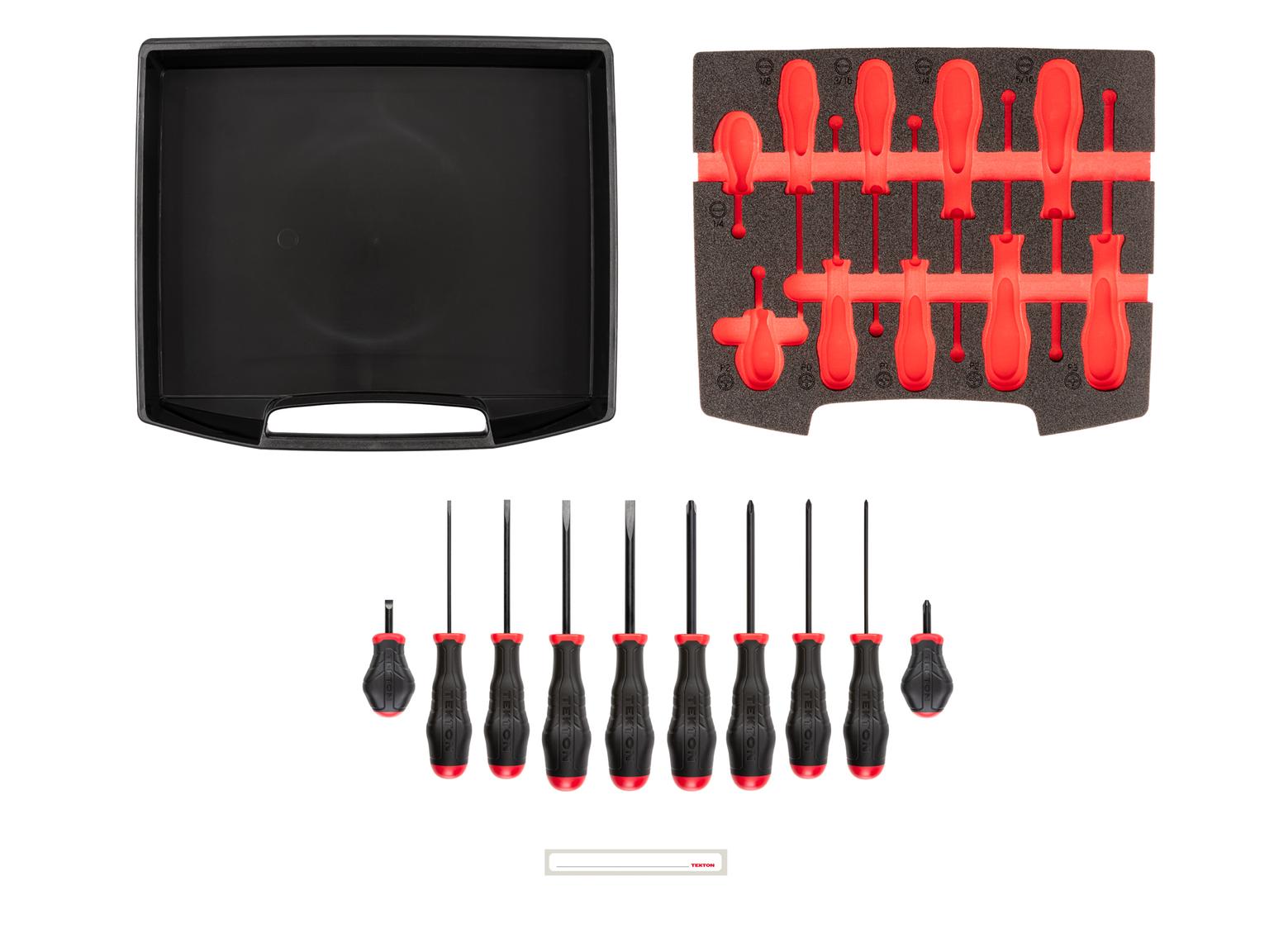 TEKTON OLB94101-T High-Torque Screwdriver Set, 10-Piece (#0-#3, 1/8-5/16 in.) in Open Top Drawer and Rack