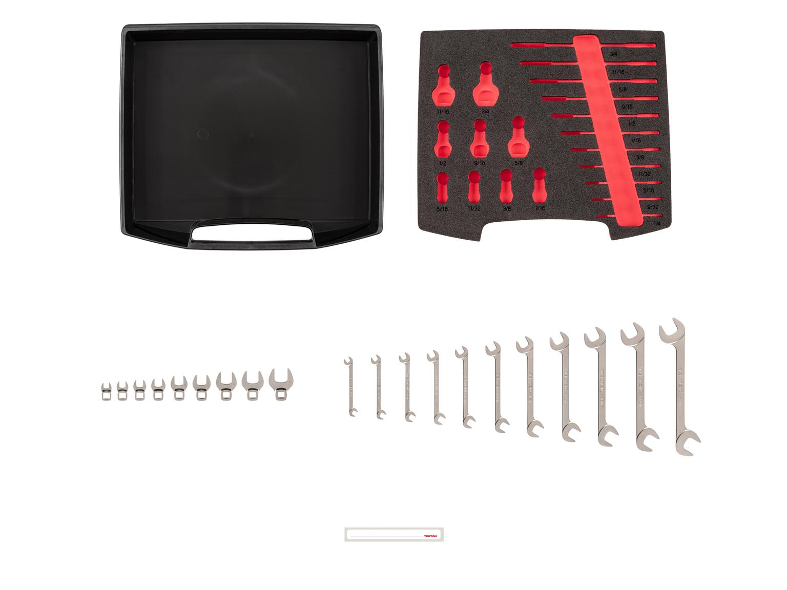 TEKTON OLB94206-T Angle Head and Crowfoot Wrench Set with Open Top Drawer and Rack, 20-Piece (1/4-3/4 in.)