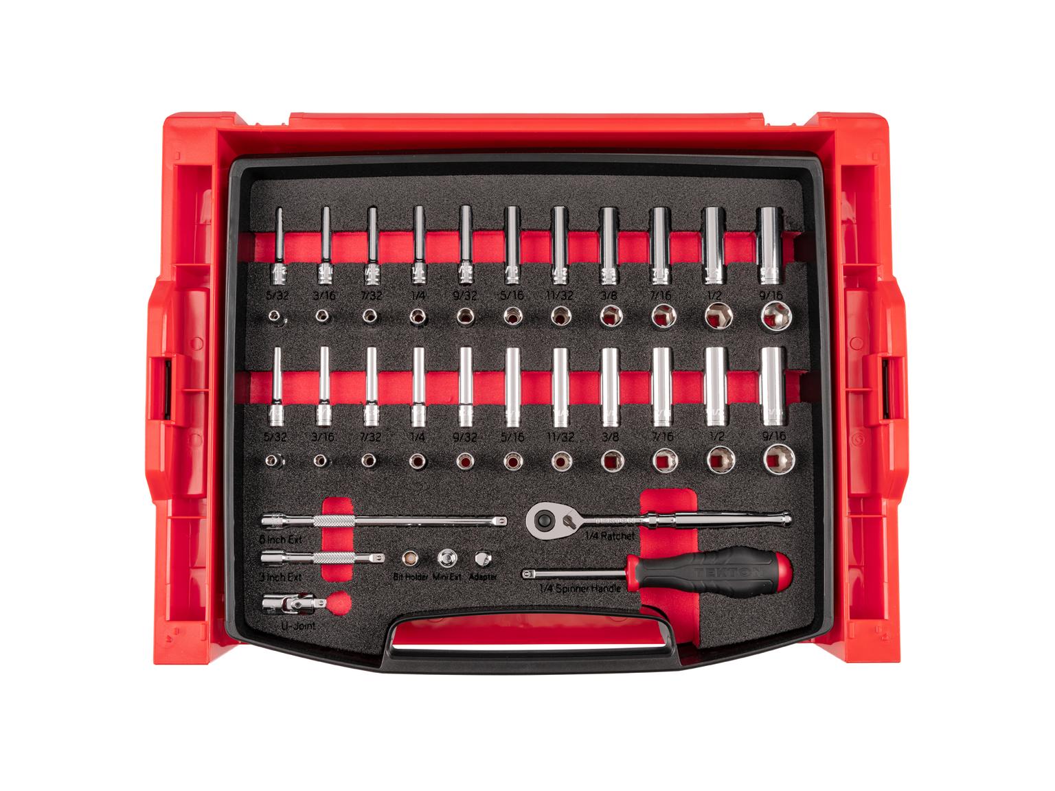 1/4 Inch Drive 6-Point and 12-Point Socket and Ratchet Set, 52-Piece (Open Top Drawer and Rack)