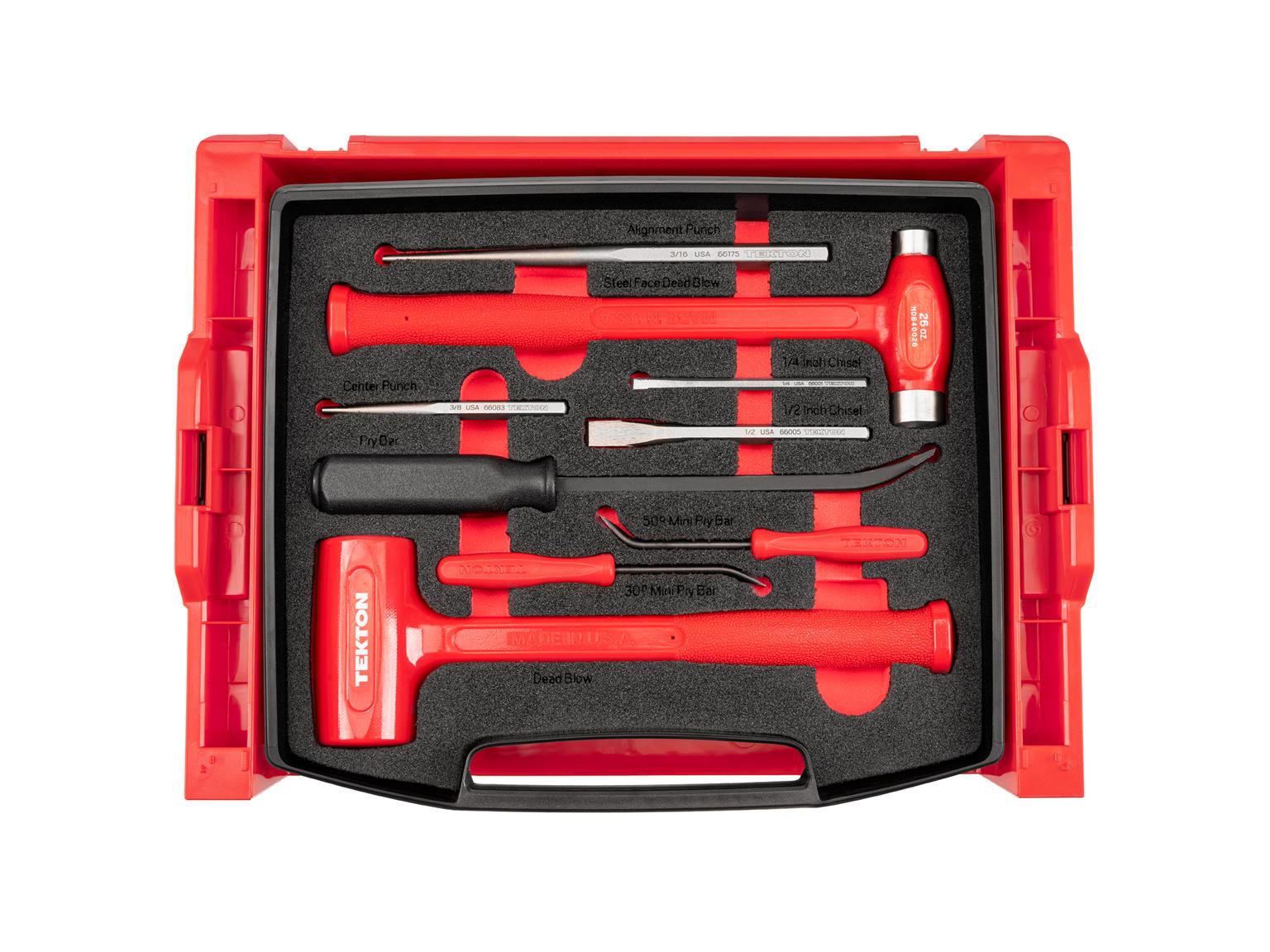 TEKTON OLB94701-T Hammers, Pry Bars, Punches, and Chisels Set with Open Top Drawer and Rack (9-Piece)