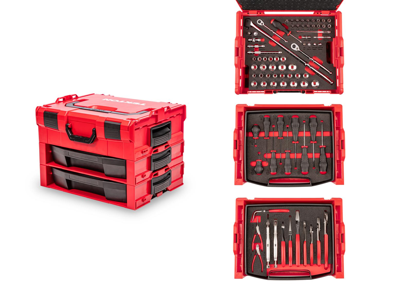 TEKTON OLB99002-T 1/4, 3/8 Inch Drive 6-Point Socket and Ratchet, Screwdriver, and Pliers Set in Modular Stacking Tool Box, 2-Drawer (127-Piece)