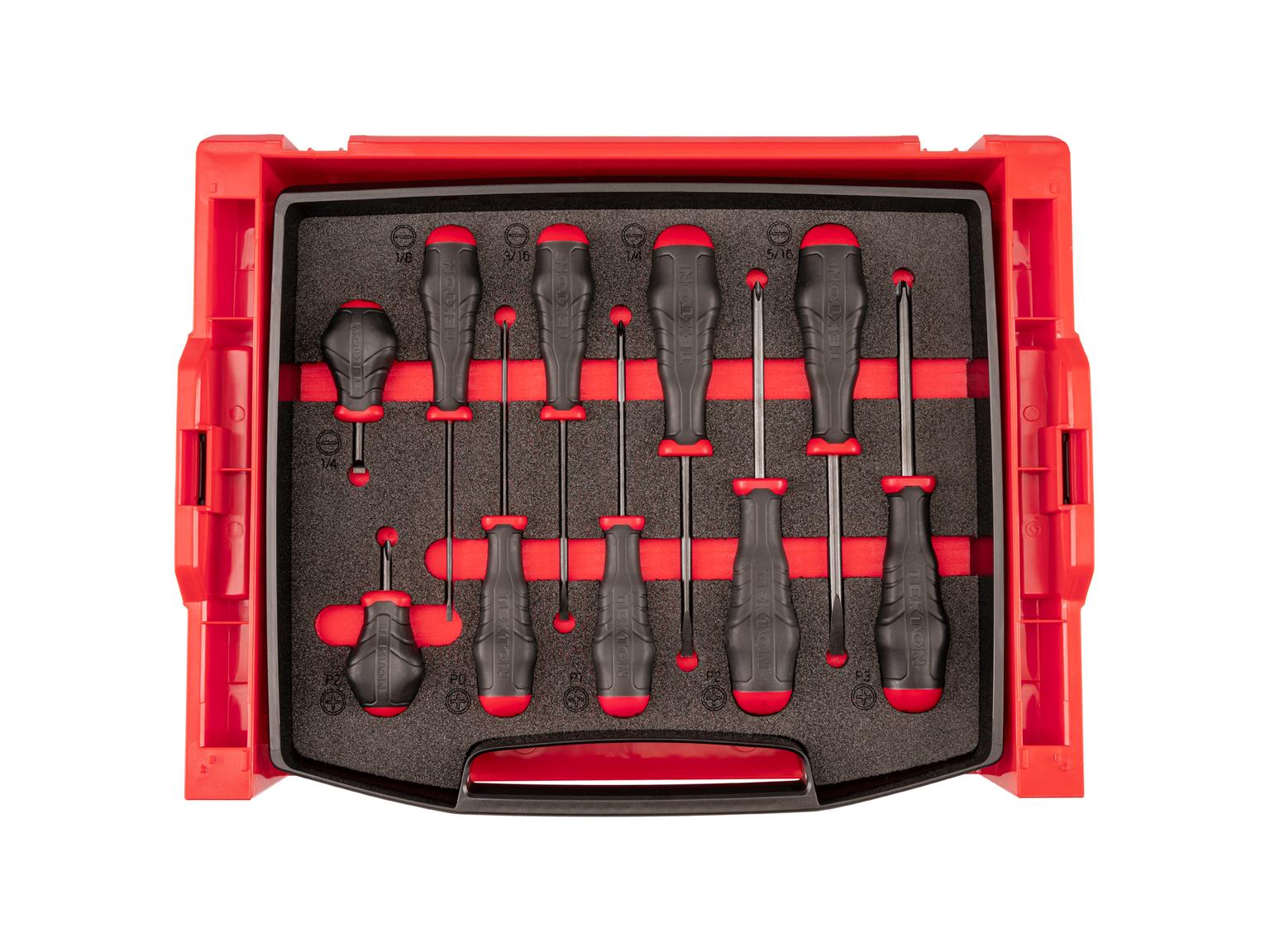 TEKTON OLB99002-T 1/4, 3/8 Inch Drive 6-Point Socket and Ratchet, Screwdriver, and Pliers Set in Modular Stacking Tool Box, 2-Drawer (127-Piece)