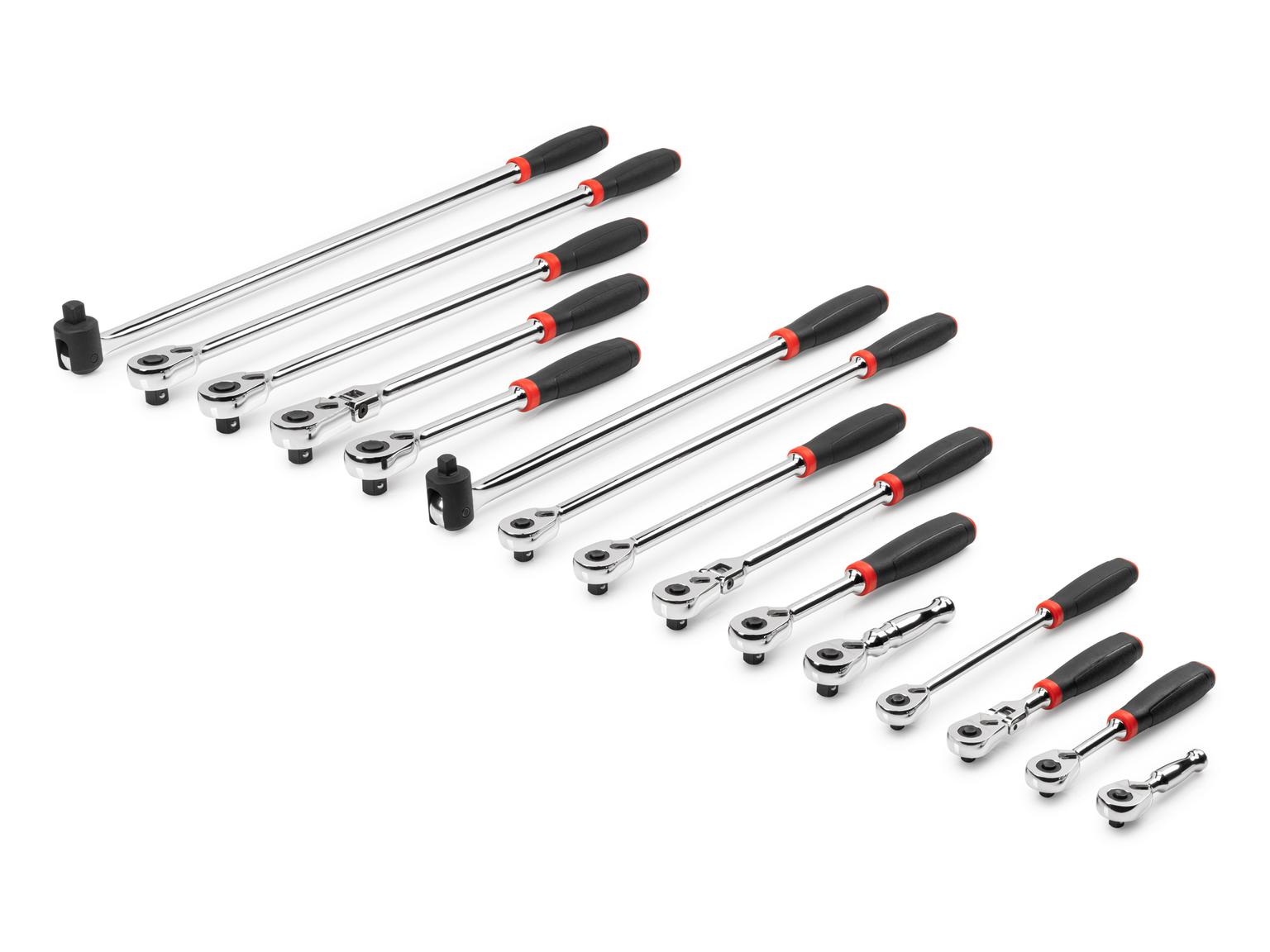 TEKTON SDR99904-T 1/4, 3/8, 1/2 Inch Drive Quick-Release Comfort Grip Ratchet & Breaker Bar Set (15-Piece)