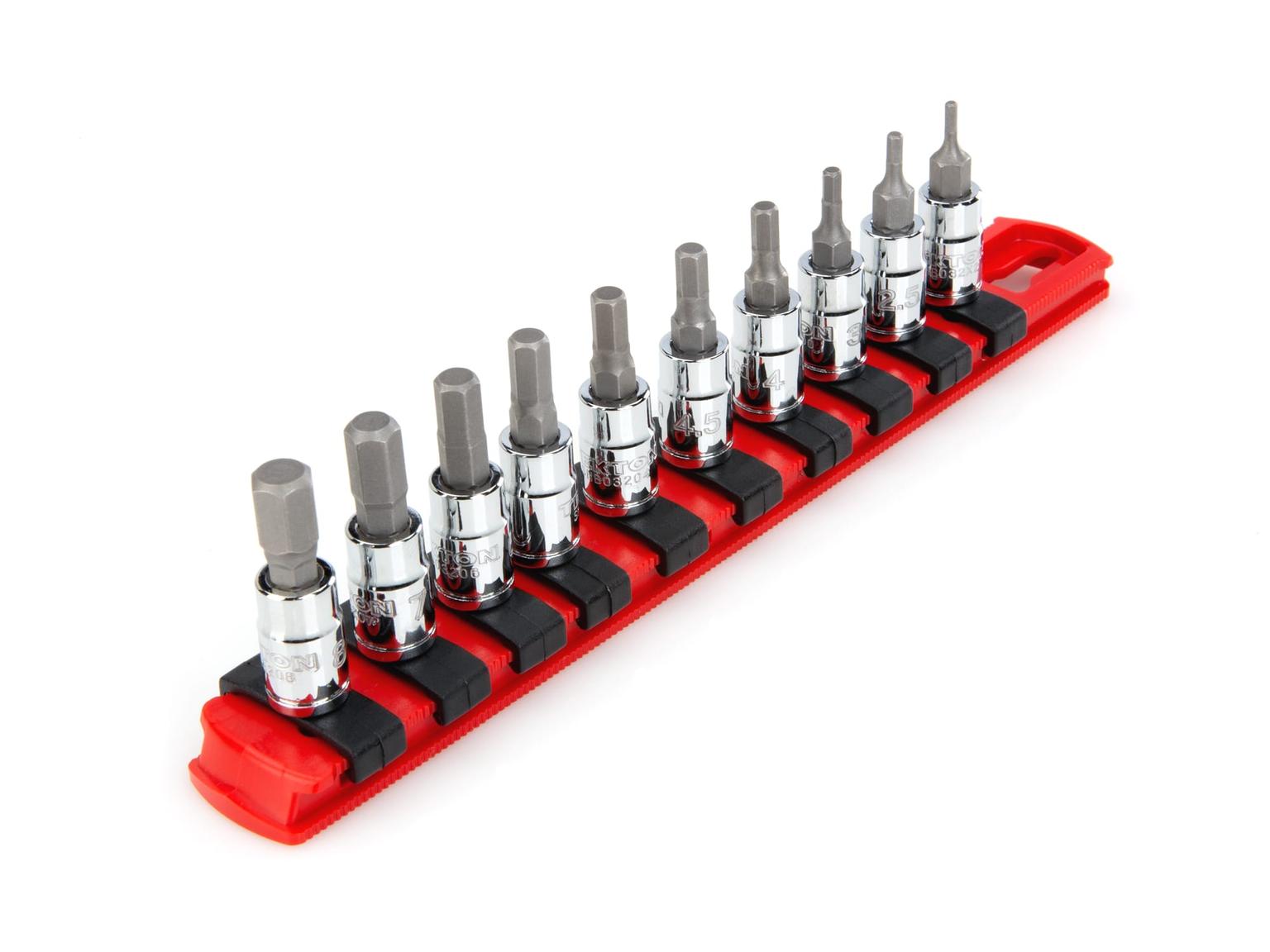 TEKTON SHB90102-T 1/4 Inch Drive Hex Bit Socket Set with Rails, 10-Piece (2-8 mm)