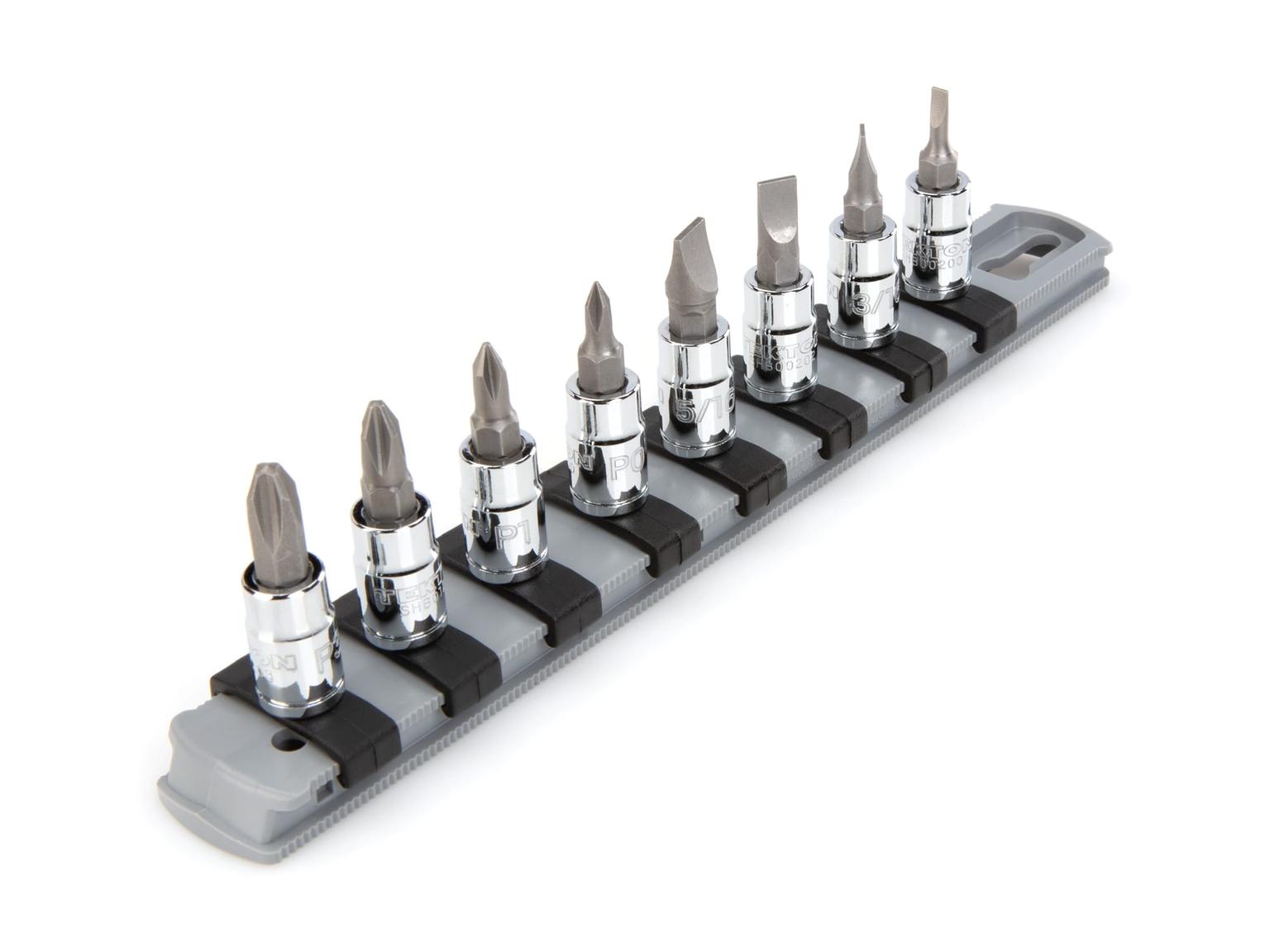 TEKTON SHB90104-T 1/4 Inch Drive Phillips/Slotted Bit Socket Set with Rail, 8-Piece (#0-#3, 1/8-5/16 in.)