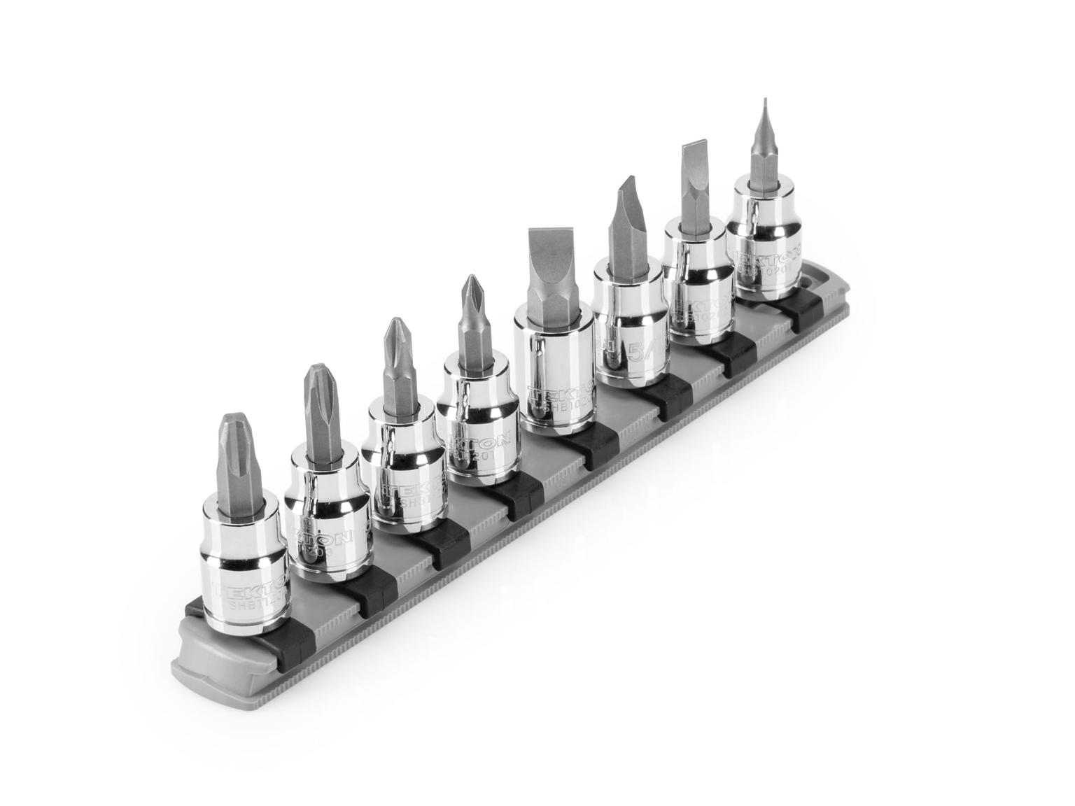 TEKTON SHB91109-T 3/8 Inch Drive Phillips/Slotted Bit Socket Set with Rail, 8-Piece (#1-#4, 3/16-3/8 in.)