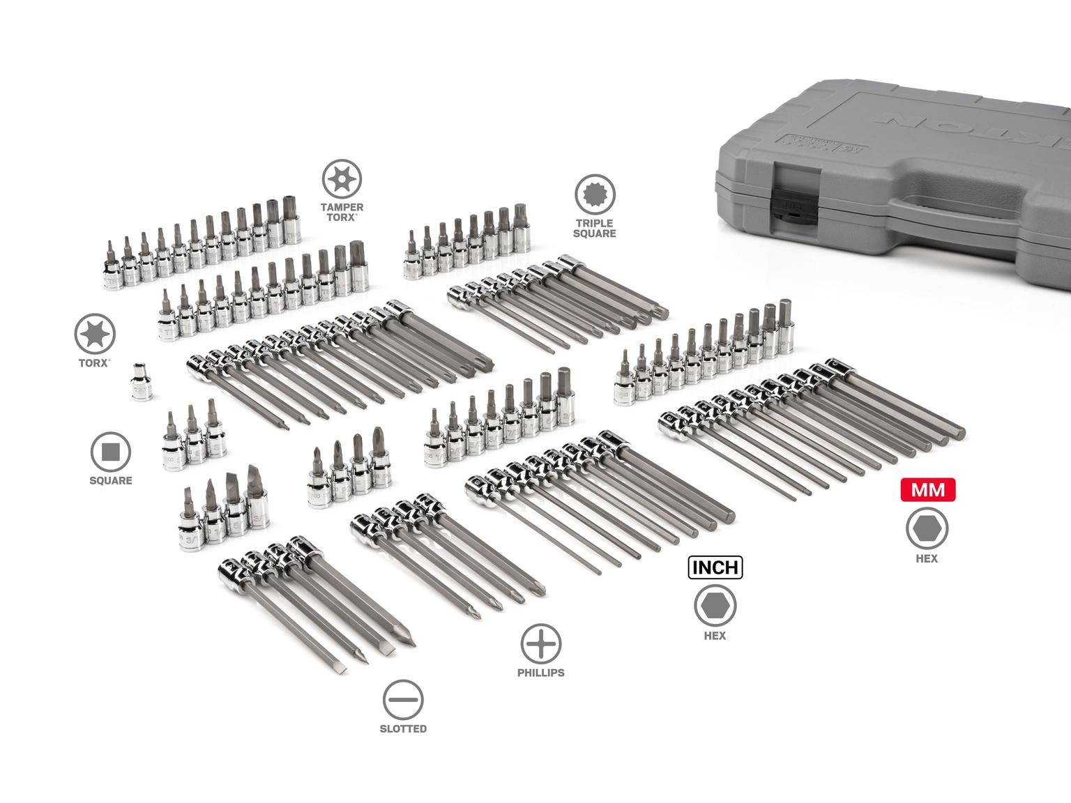 TEKTON SHB91317-D 3/8 Inch Drive Hex, Torx, TR Torx, Phillips, Slotted, Square Bit Socket Set (110-Piece)