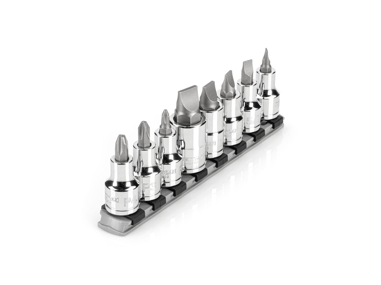 TEKTON SHB92108-T 1/2 Inch Drive Phillips/Slotted Bit Socket Set with Rail, 8-Piece (#2-#4, 1/4-5/8 in.)