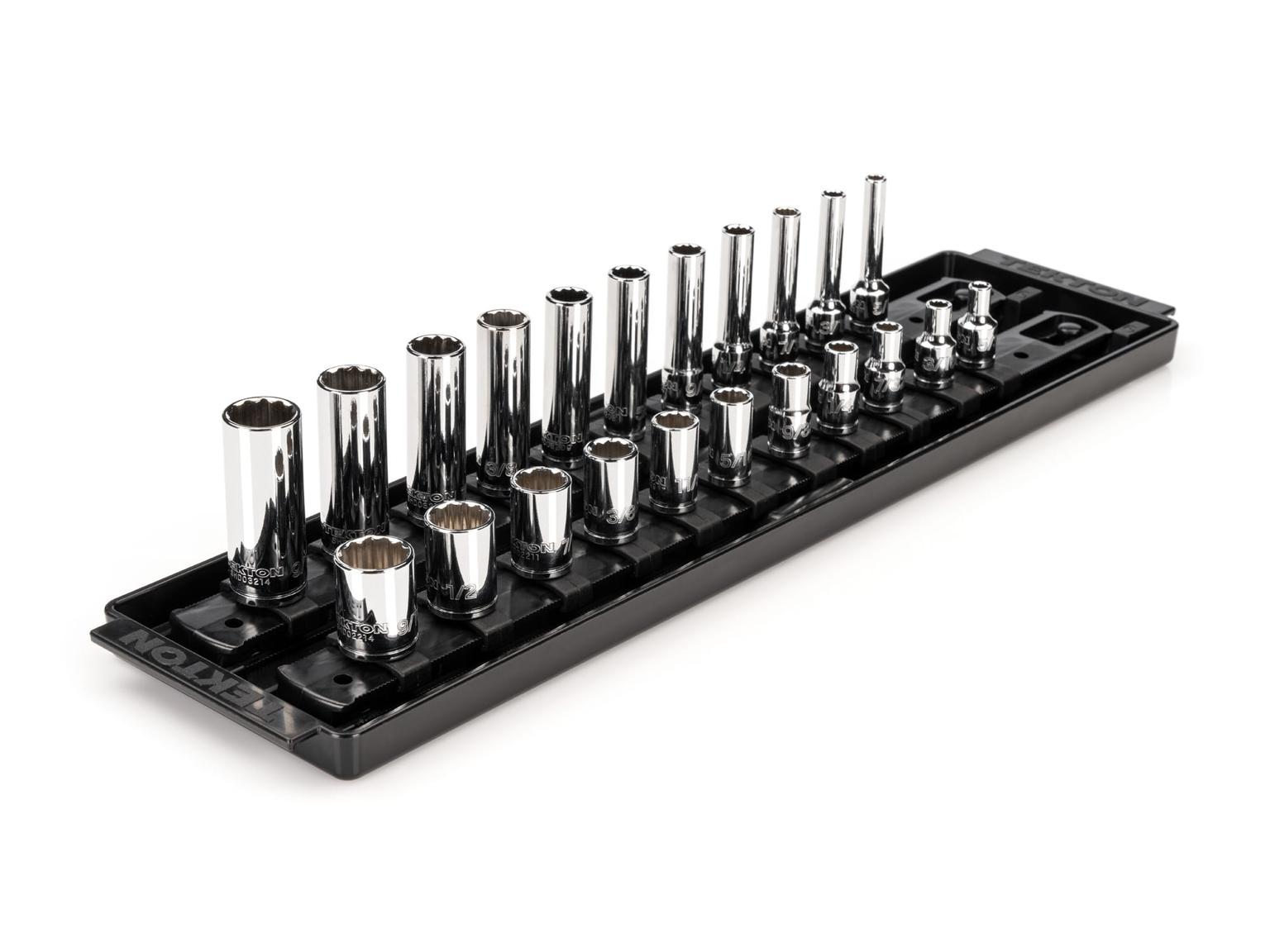 TEKTON SHD90213-T 1/4 Inch Drive 12-Point Socket Set with Rails, 22-Piece (5/32-9/16 in.)