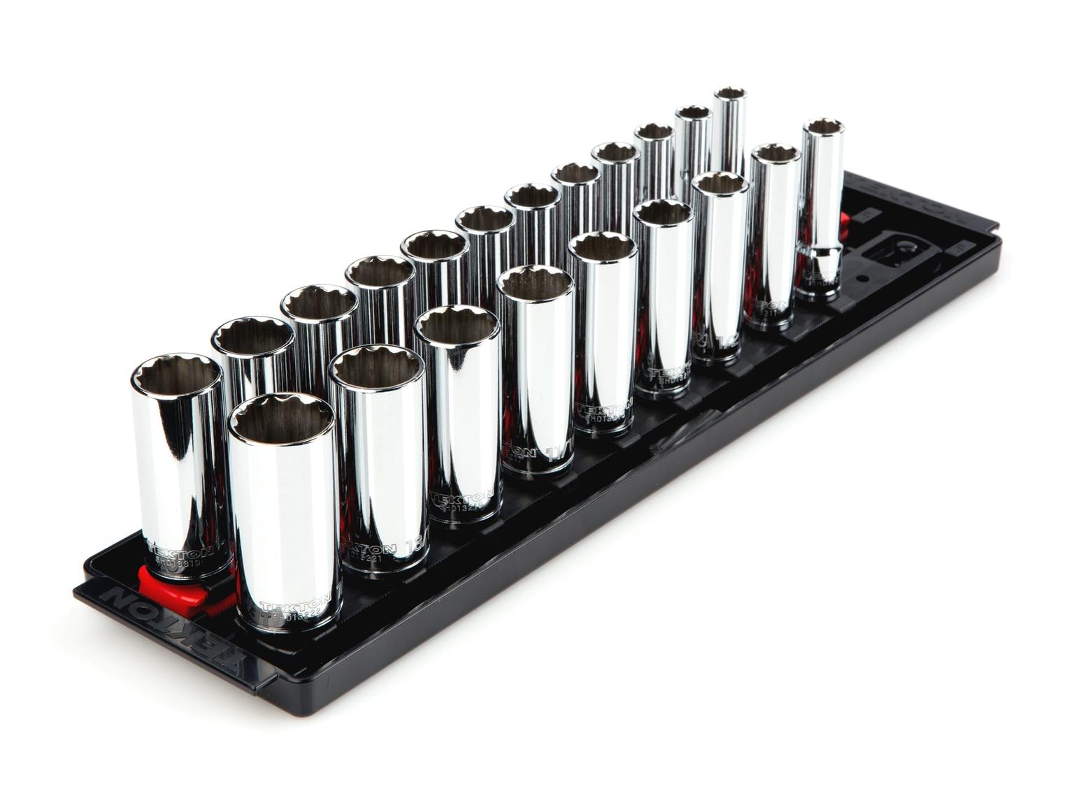 TEKTON SHD91204-T 3/8 Inch Drive Deep 12-Point Socket Set, 21-Piece (5/16-3/4 in., 8-19 mm) with Rails