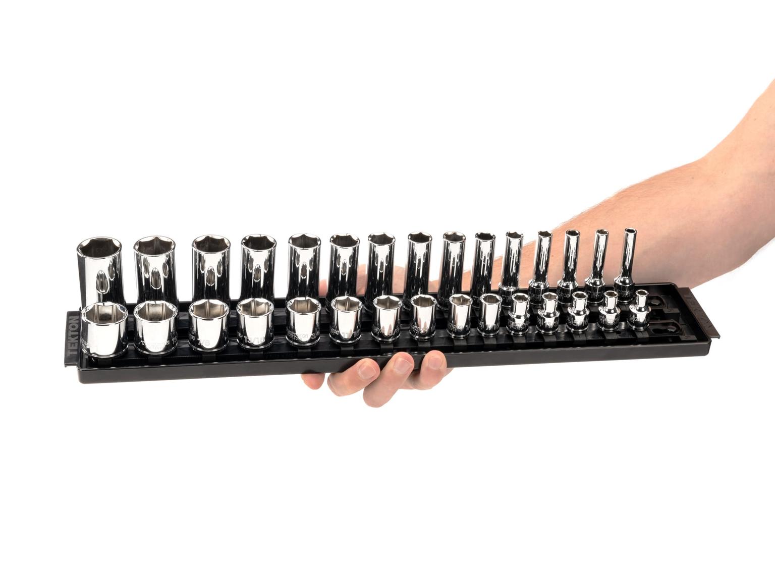 TEKTON SHD91209-T 3/8 Inch Drive 6-Point Socket Set with Rails, 30-Piece (1/4-1 in.)