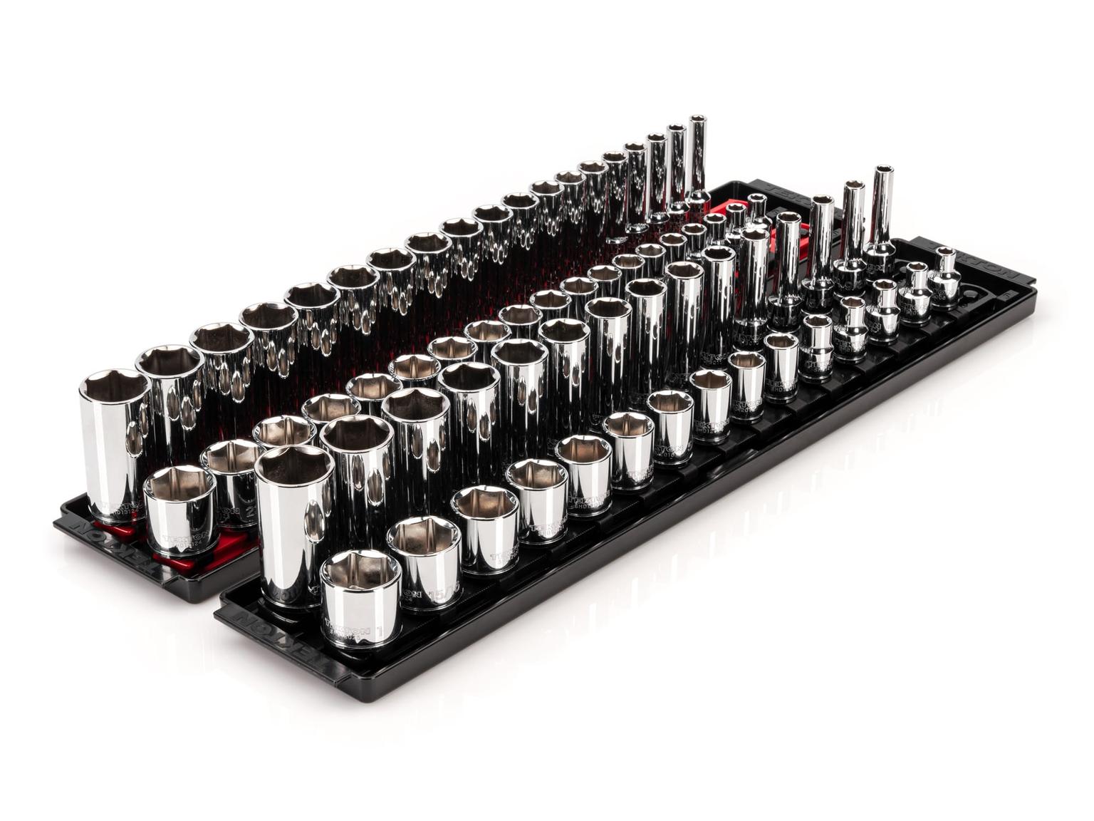 TEKTON SHD91220-T 3/8 Inch Drive 6-Point Socket Set with Rails, 68-Piece (1/4-1 in., 6-24 mm)
