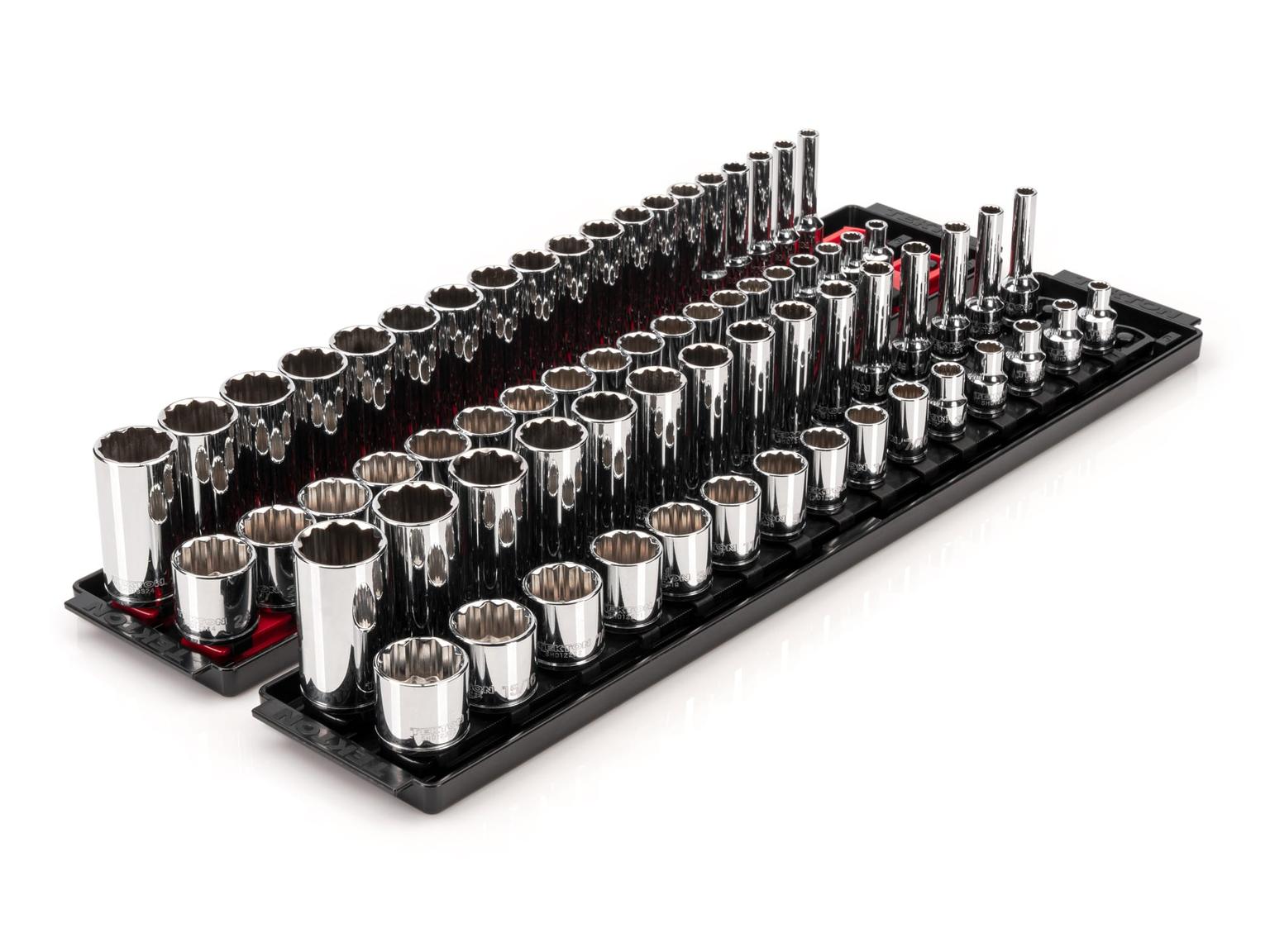 TEKTON SHD91221-T 3/8 Inch Drive 12-Point Socket Set with Rails, 68-Piece (1/4-1 in., 6-24 mm)