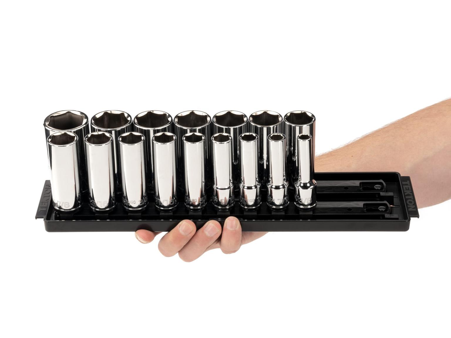 TEKTON SHD92005-T 1/2 Inch Drive Deep 6-Point Socket Set with Rails, 16-Piece (3/8-1-5/16 in.)