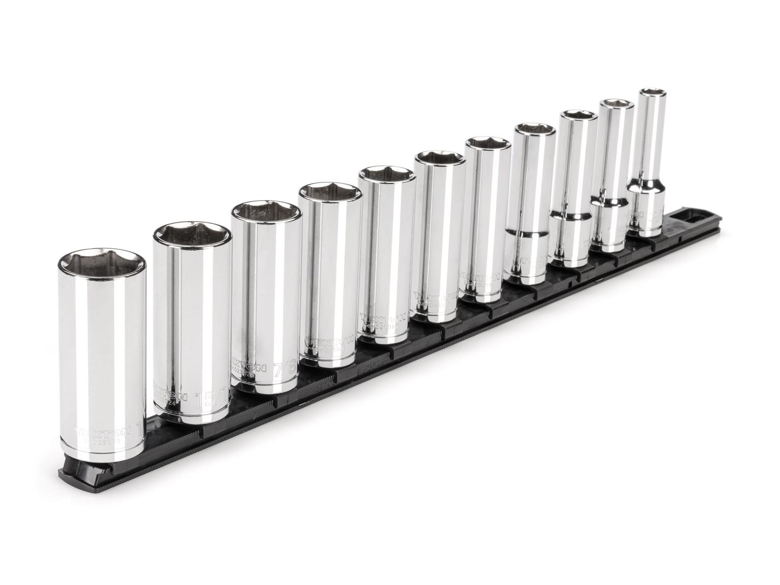 TEKTON SHD92105-T 1/2 Inch Drive Deep 6-Point Socket Set with Rail, 11-Piece (3/8-1 in.)