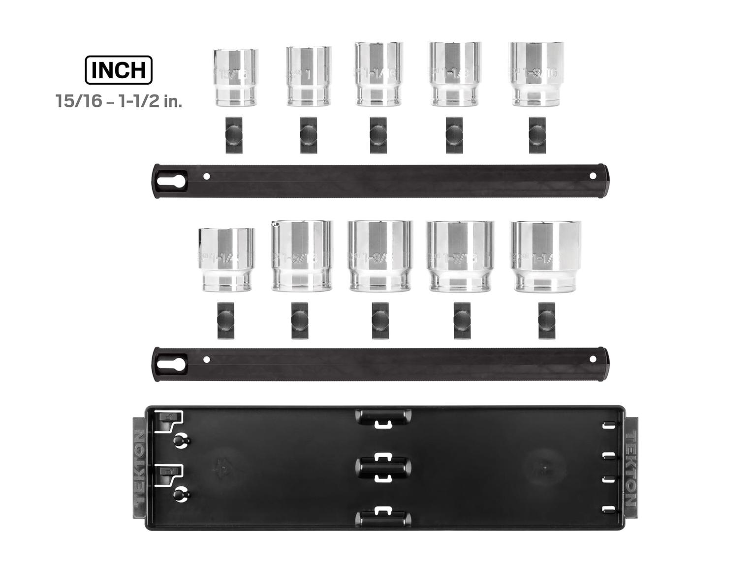 TEKTON SHD92111-T 1/2 Inch Drive 12-Point Socket Set, 10-Piece (15/16 - 1-1/2 in.) with Rails