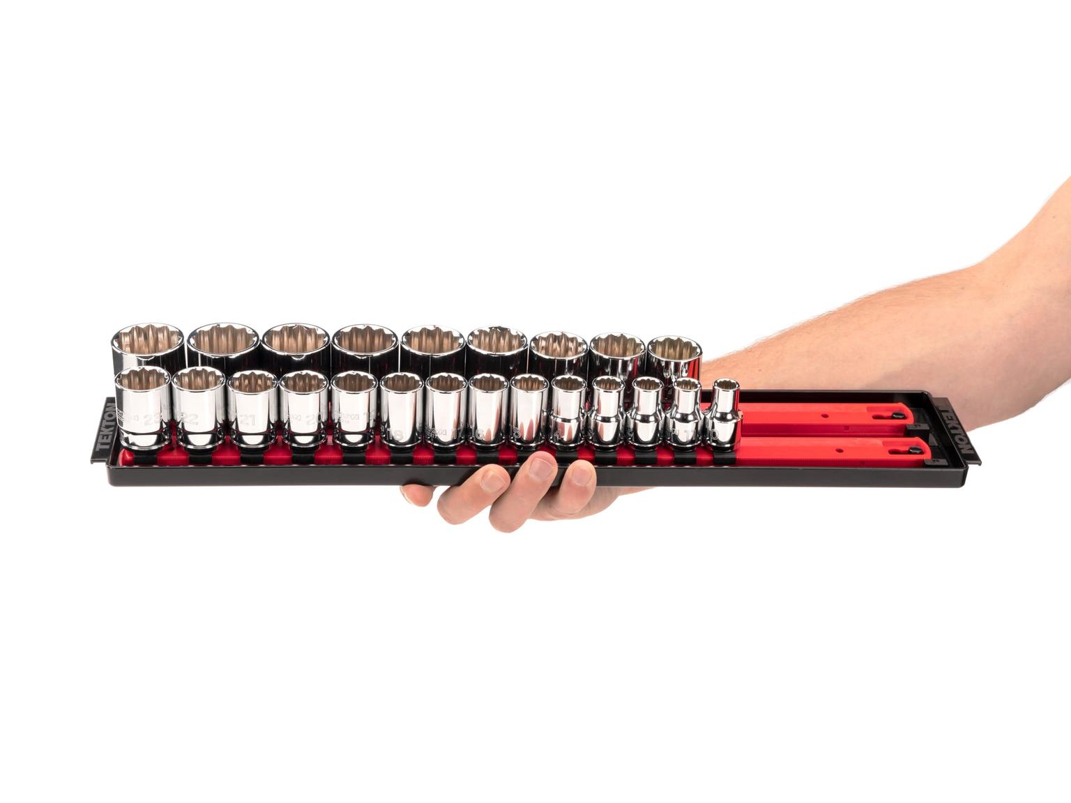 TEKTON SHD92120-T 1/2 Inch Drive 12-Point Socket Set with Rails, 23-Piece (10-32 mm)