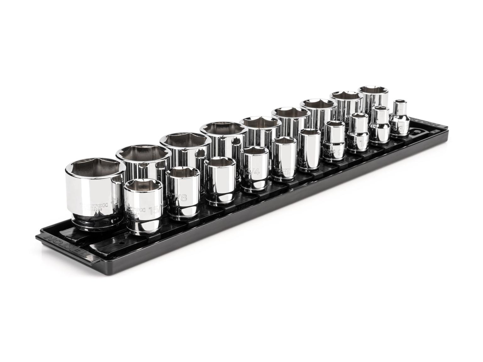 1/2 Inch Drive 6-Point Socket Set, 19-Piece (3/8-1-1/2 in.) with Rails