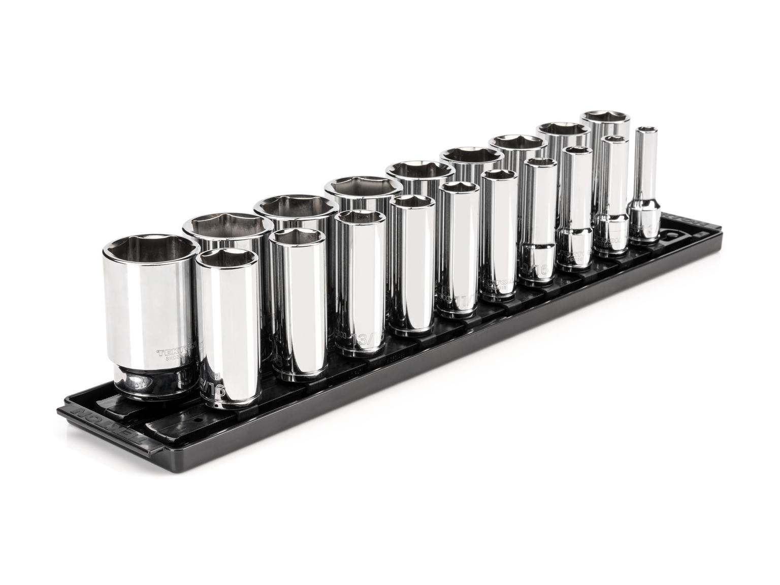 1/2 Inch Drive Deep 6-Point Socket Set, 19-Piece (3/8-1-1/2 in.) with Rails