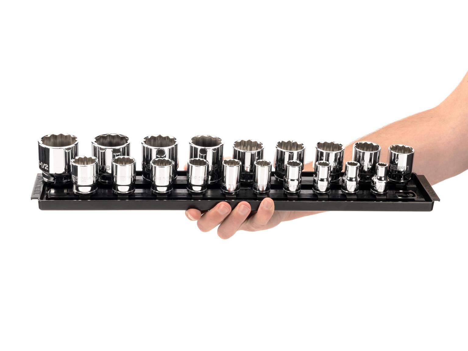TEKTON SHD92126-T 1/2 Inch Drive 12-Point Socket Set with Rails, 19-Piece (3/8-1-1/2 in.)