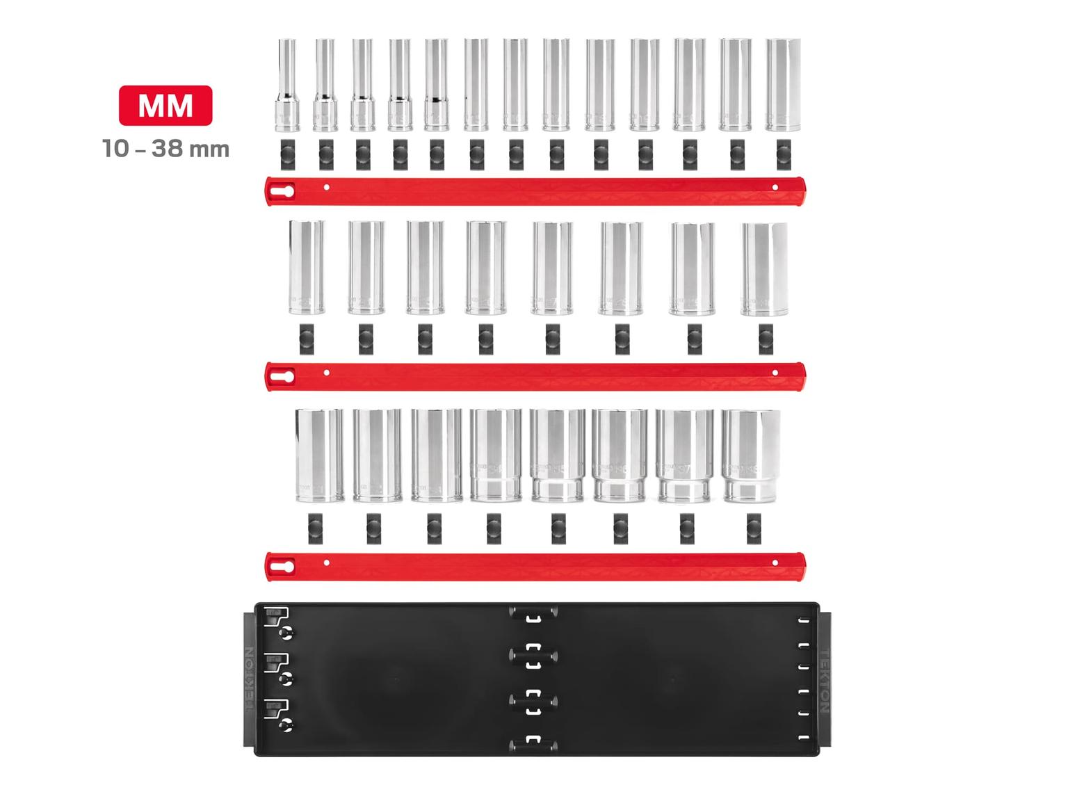 TEKTON SHD92129-T 1/2 Inch Drive Deep 12-Point Socket Set with Rails, 29-Piece (10-38 mm)