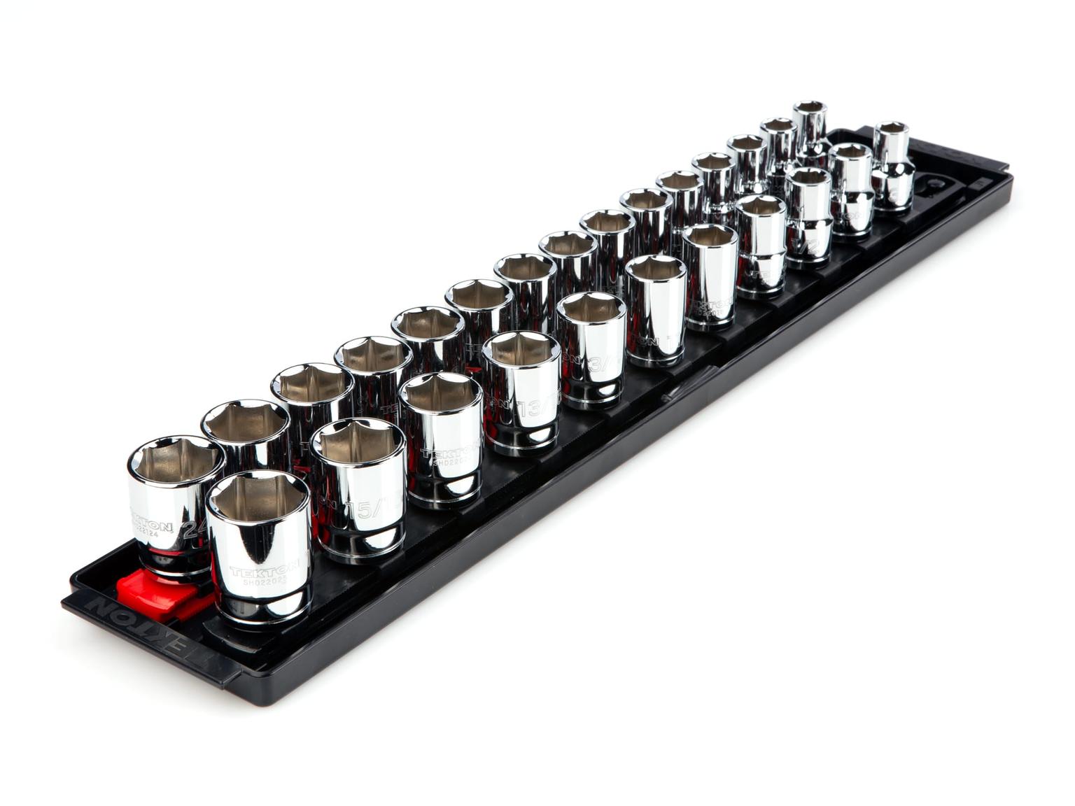 TEKTON SHD92201-T 1/2 Inch Drive 6-Point Socket Set, 26-Piece (3/8-1 in., 10-24 mm) with Rails