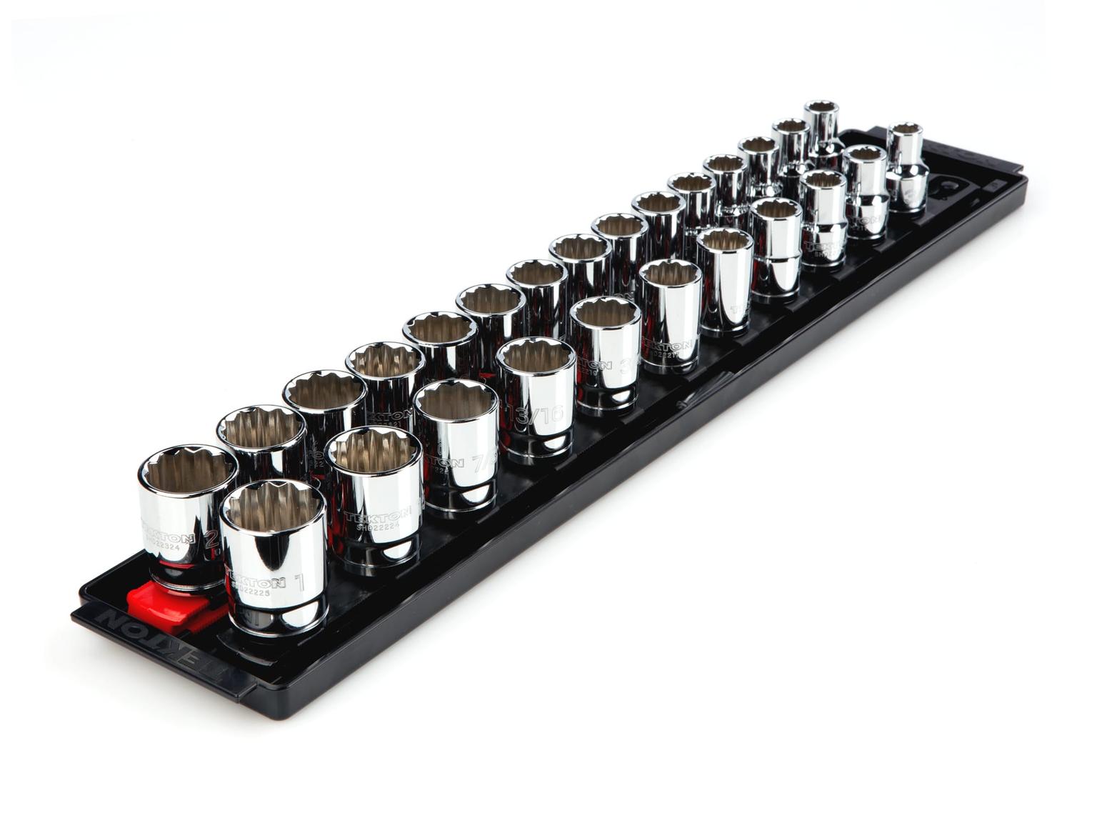 TEKTON SHD92202-T 1/2 Inch Drive 12-Point Socket Set, 26-Piece (3/8-1 in., 10-24 mm) with Rails