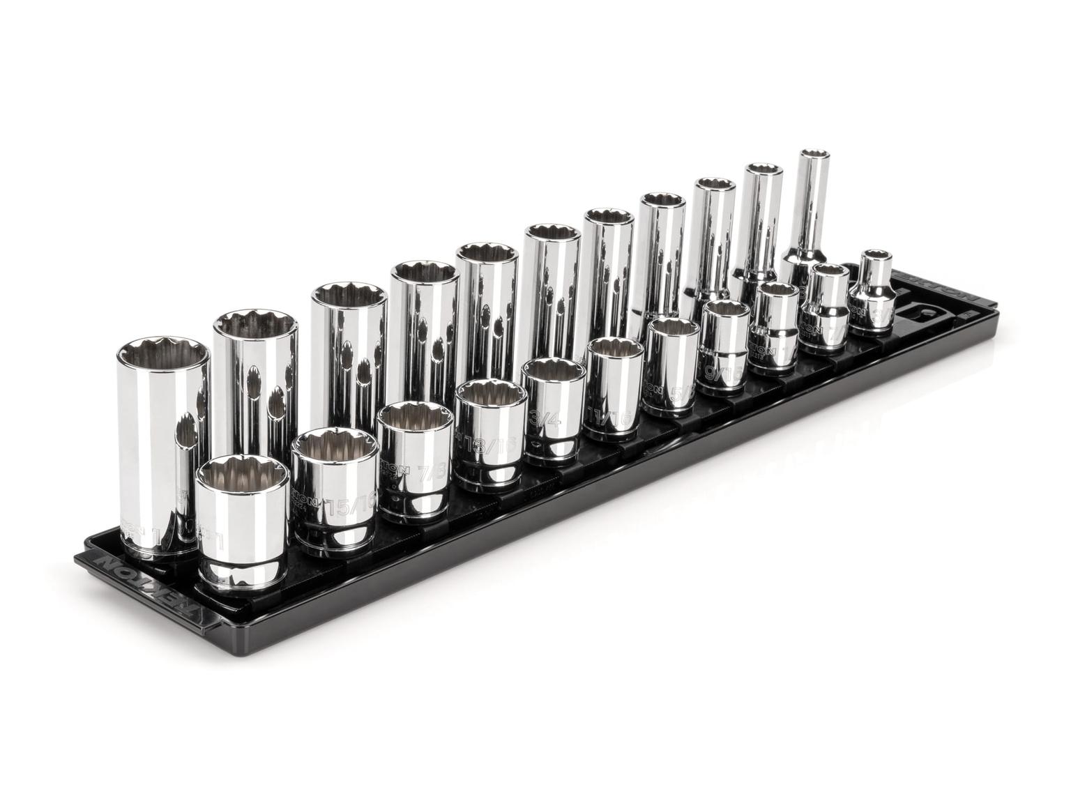 TEKTON SHD92210-T 1/2 Inch Drive 12-Point Socket Set with Rails, 22-Piece (3/8-1 in.)