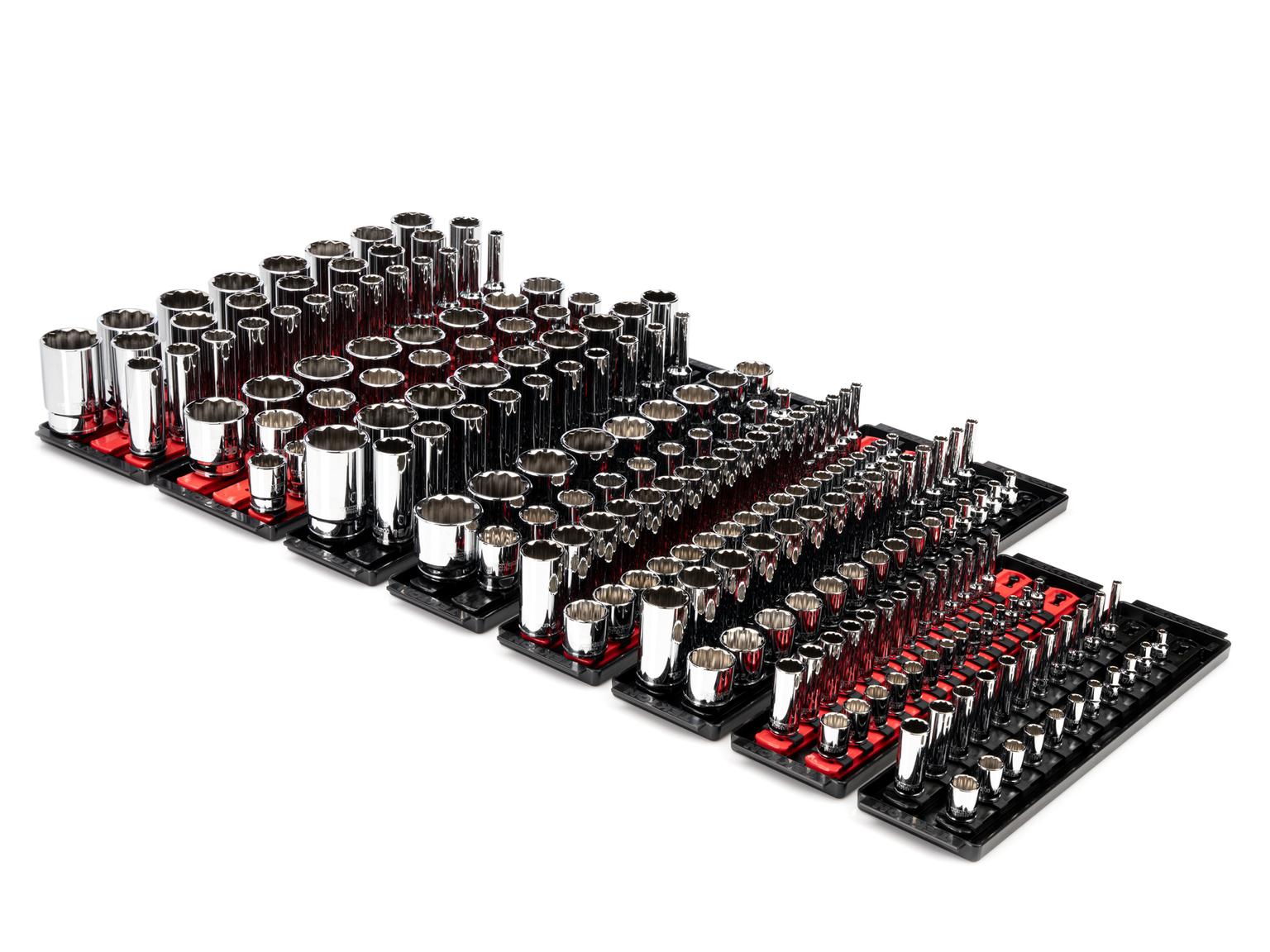 TEKTON SHD99203-T 1/4, 3/8, 1/2 Inch Drive 12-Point Socket Set with Rails (214-Piece)