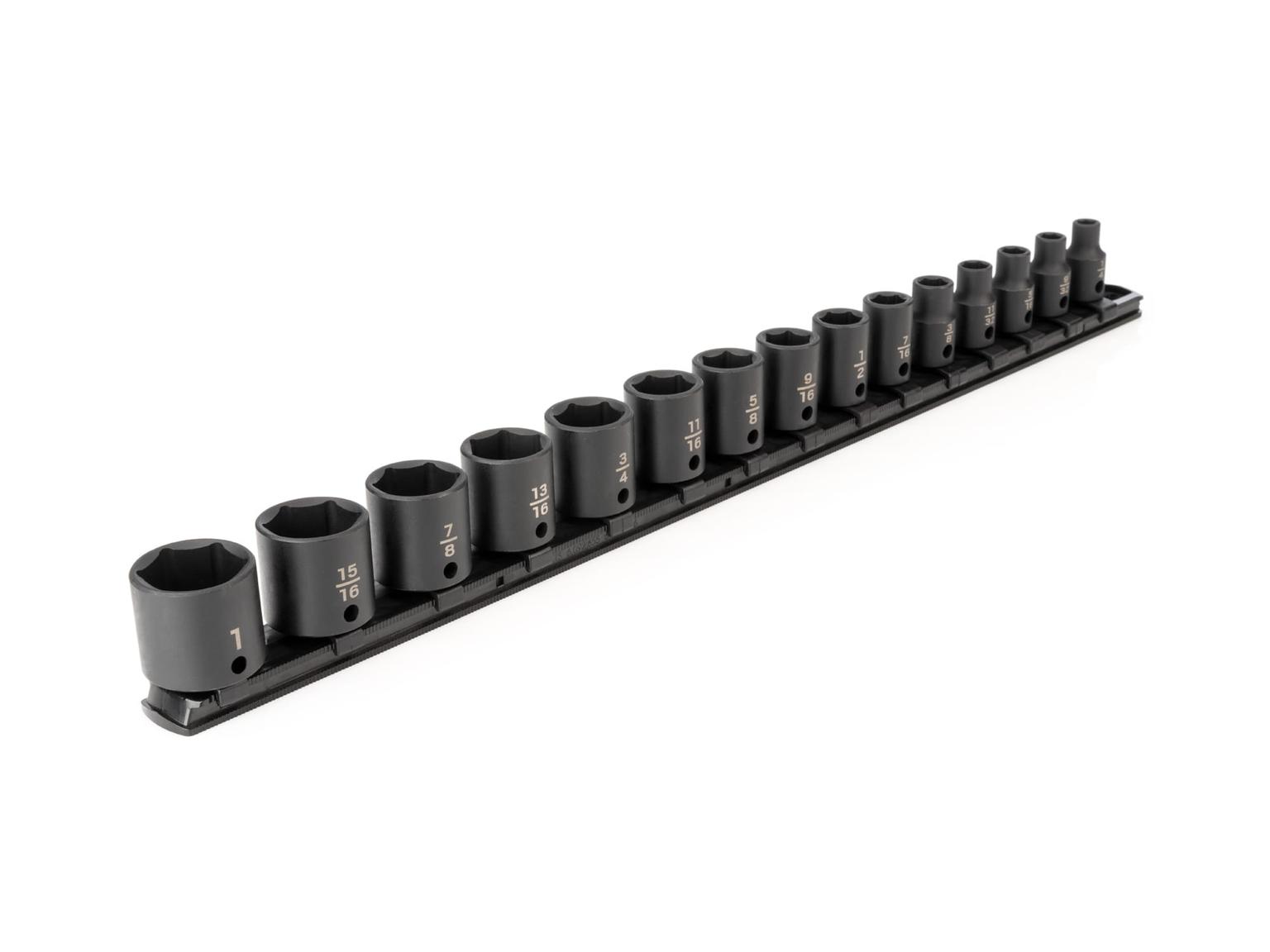 TEKTON SID91104-T 3/8 Inch Drive 6-Point Impact Socket Set with Rail, 15-Piece (1/4-1 in.)