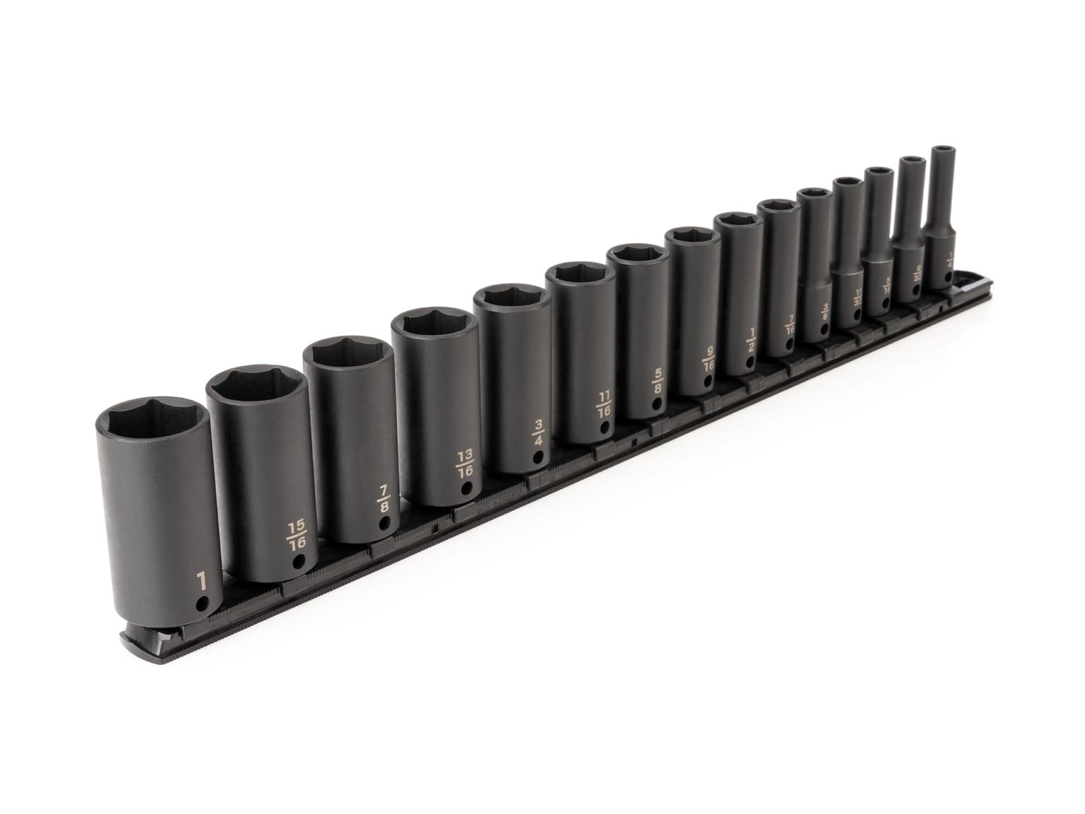 TEKTON SID91105-T 3/8 Inch Drive Deep 6-Point Impact Socket Set with Rail, 15-Piece (1/4-1 in.)